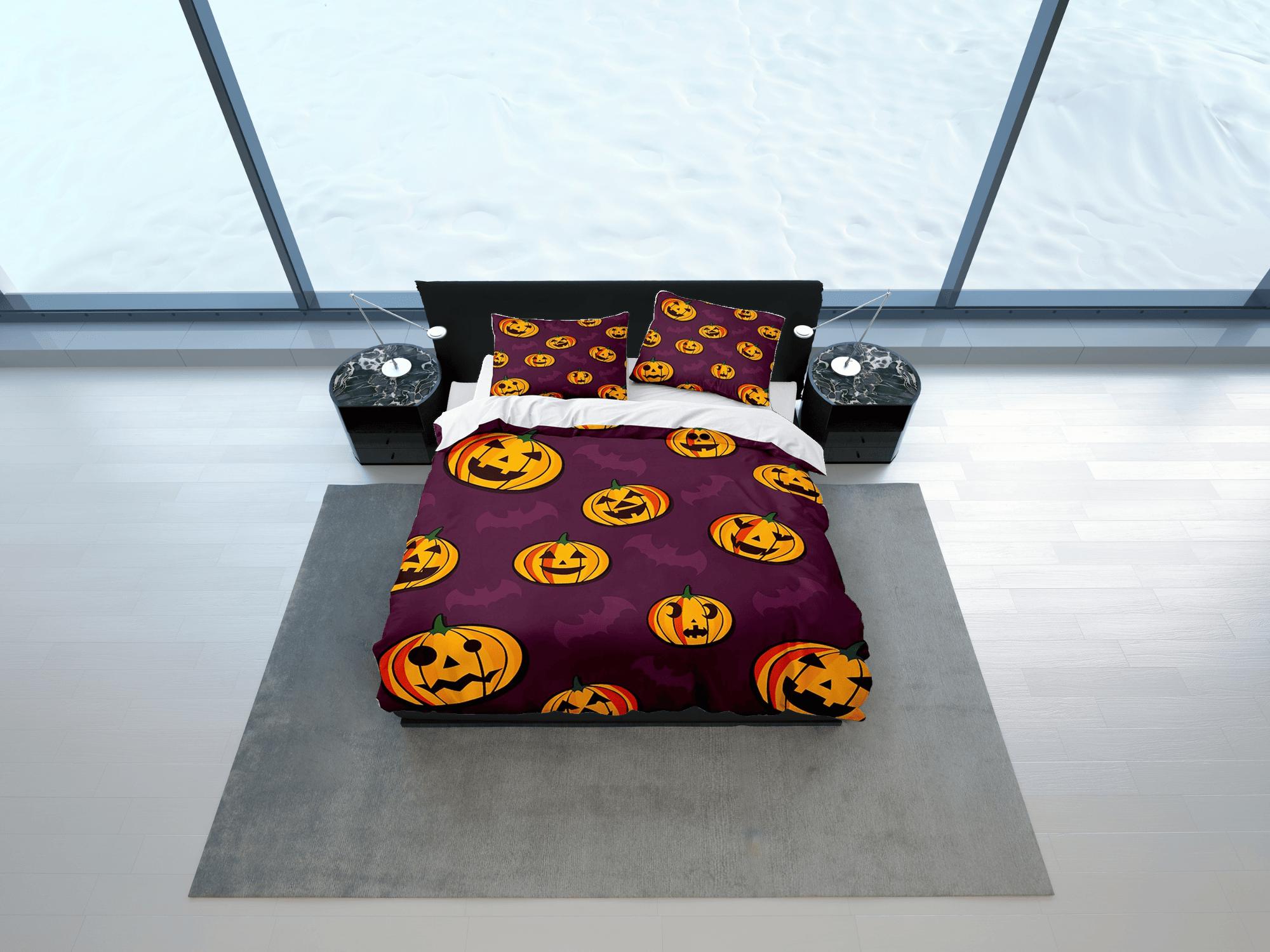 daintyduvet Pumpkin and bat halloween bedding & pillowcase, violet duvet cover set dorm bedding, halloween decor, nursery toddler bedding halloween gift