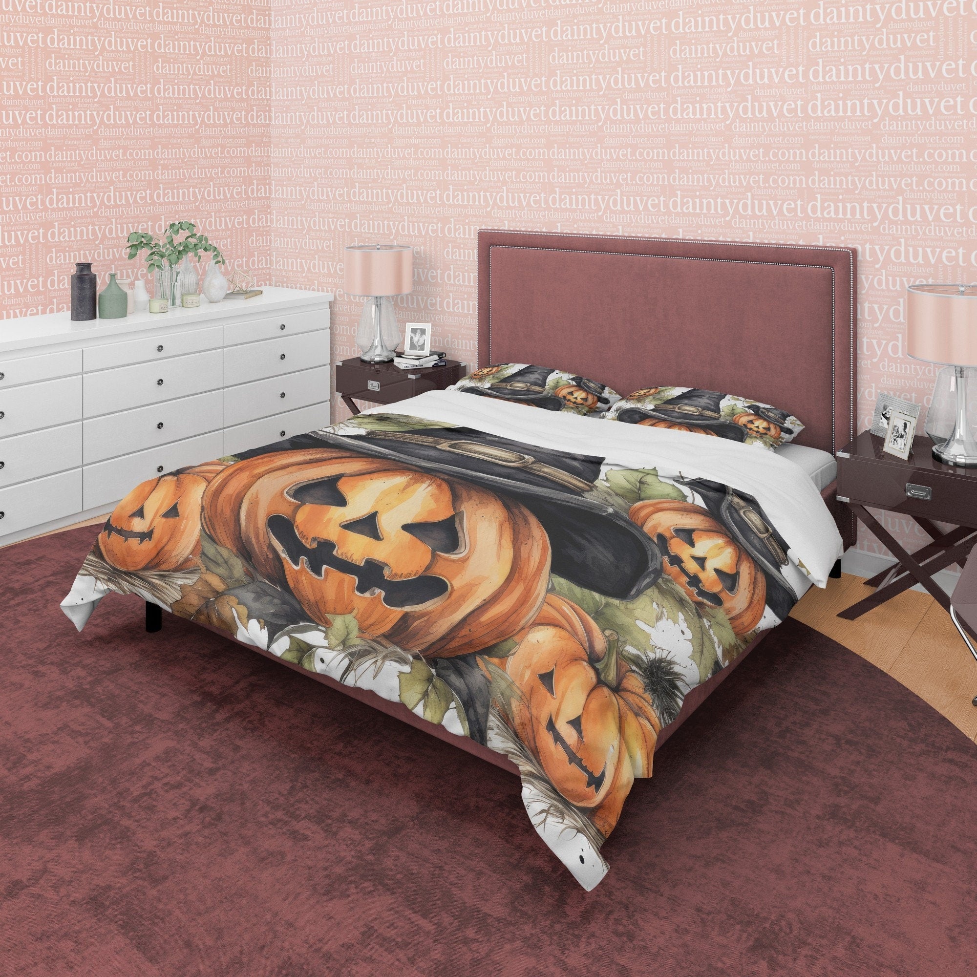 Pumpkin Duvet Cover Set Retro Aesthetic Bedding, Halloween Room Decor, Autumn Quilt Cover, Cowboy Hat Farmhouse Bedding, King, Queen, Full