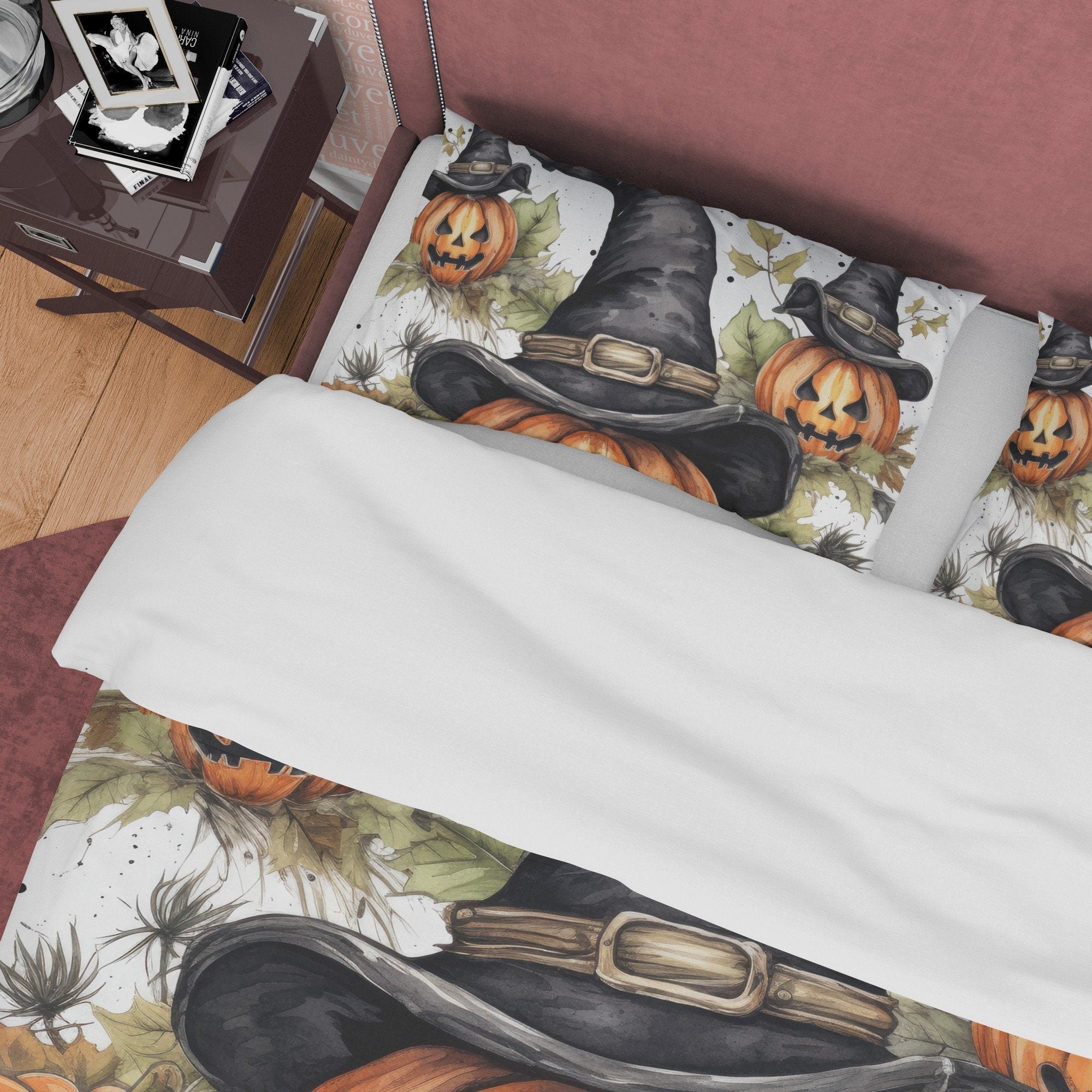 Pumpkin Duvet Cover Set Retro Aesthetic Bedding, Halloween Room Decor, Autumn Quilt Cover, Cowboy Hat Farmhouse Bedding, King, Queen, Full