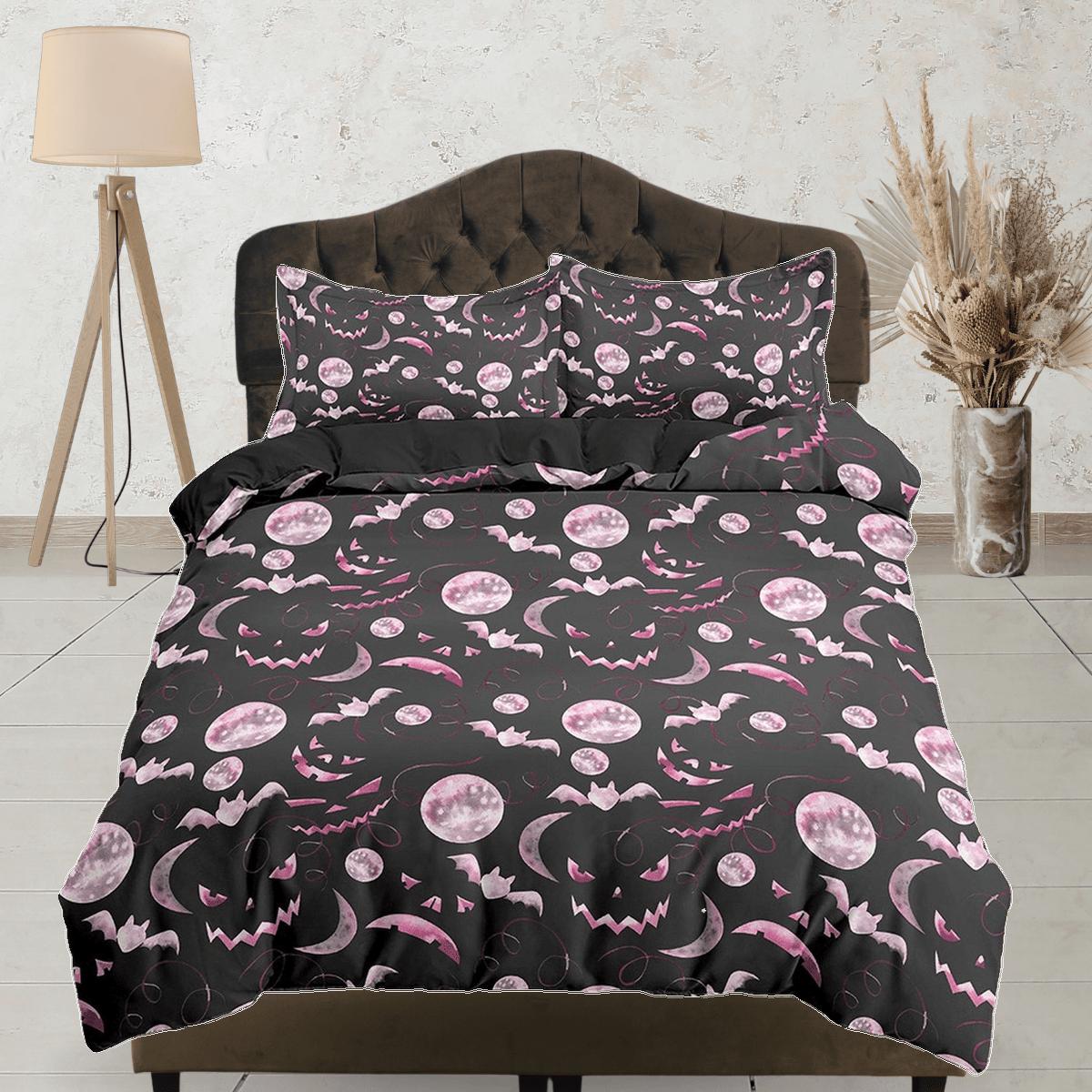 daintyduvet Pumpkin faces and bats pink halloween bedding & pillowcase, black duvet cover set dorm bedding, halloween gift, nursery toddler bedding
