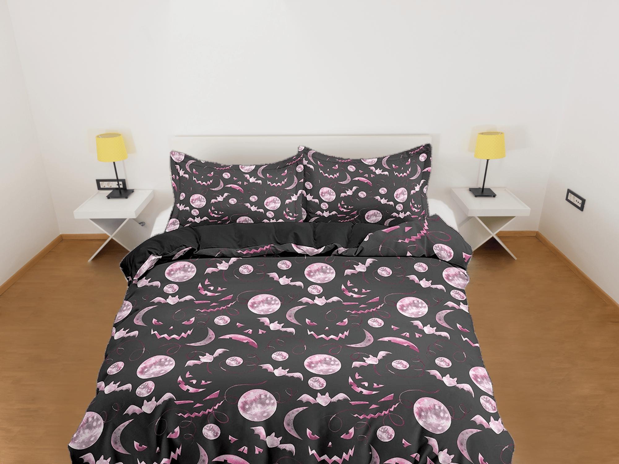 daintyduvet Pumpkin faces and bats pink halloween bedding & pillowcase, black duvet cover set dorm bedding, halloween gift, nursery toddler bedding