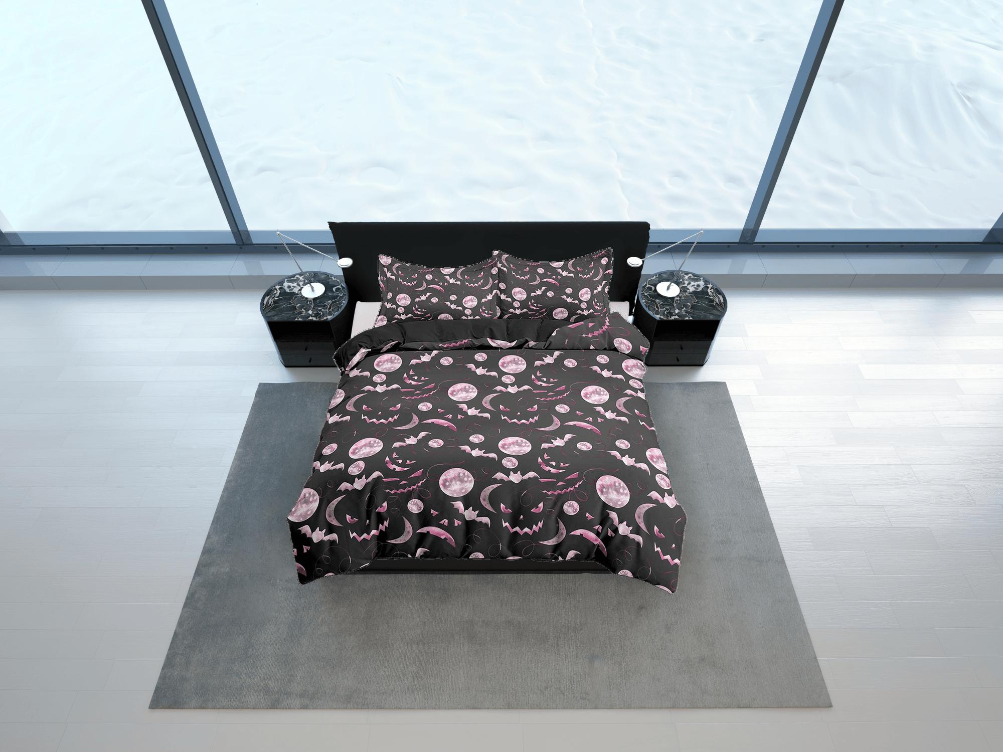 daintyduvet Pumpkin faces and bats pink halloween bedding & pillowcase, black duvet cover set dorm bedding, halloween gift, nursery toddler bedding