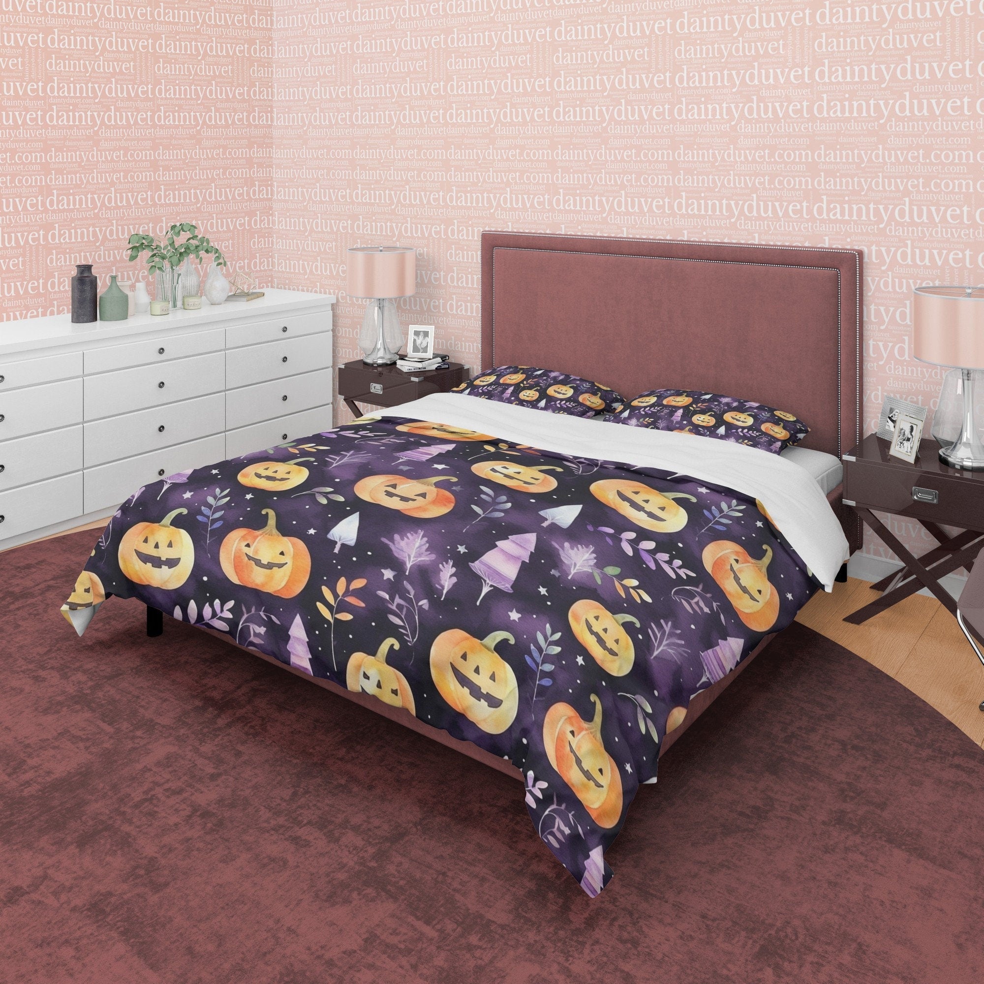 Pumpkin Purple Duvet Cover Set Spooky Bedding, Halloween Decor, Autumn Bedspread, Printed Quilt Cover, Comforter Bed Cover, Dorm Bedspread