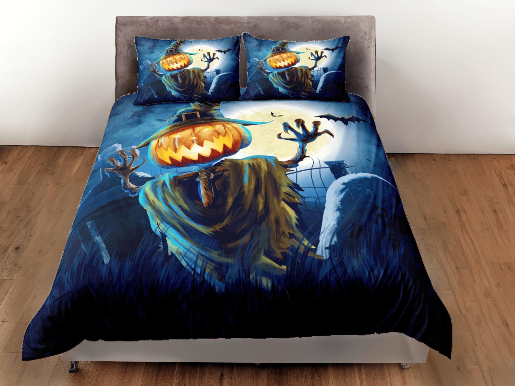 daintyduvet Pumpkin scarecrow halloween bedding & pillowcase, gothic duvet cover, dorm bedding, goth bedding halloween decor gift, toddler bedding blue