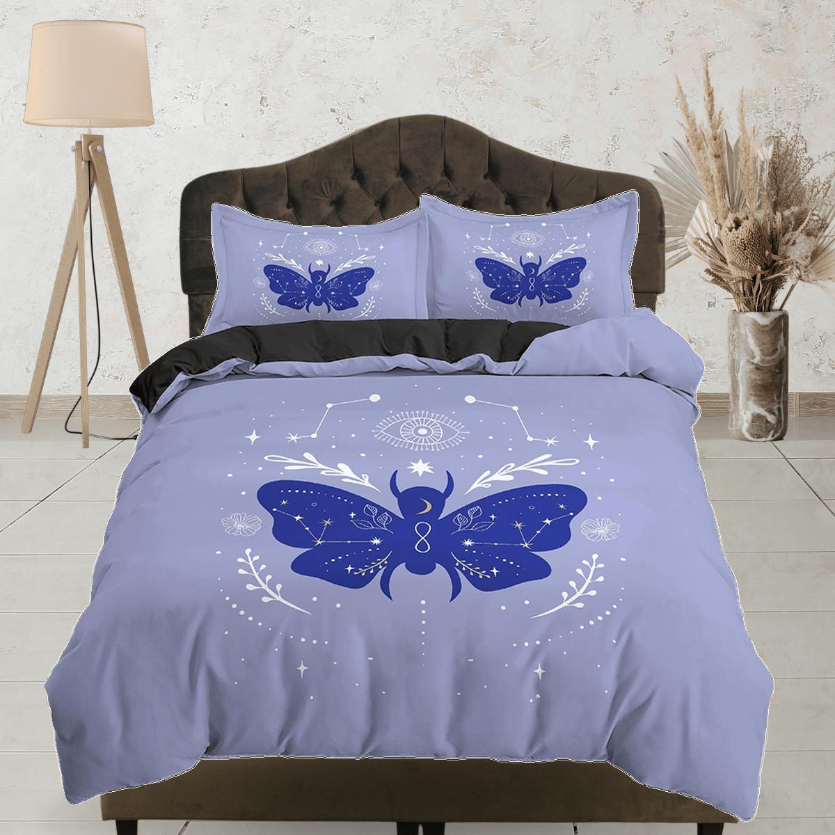 daintyduvet Purple Blue Boho Bedding with Moth and Stars, Celestial Dorm Bedding, Duvet Cover Set, Aesthetic Duvet Cover King Queen Full Twin Single