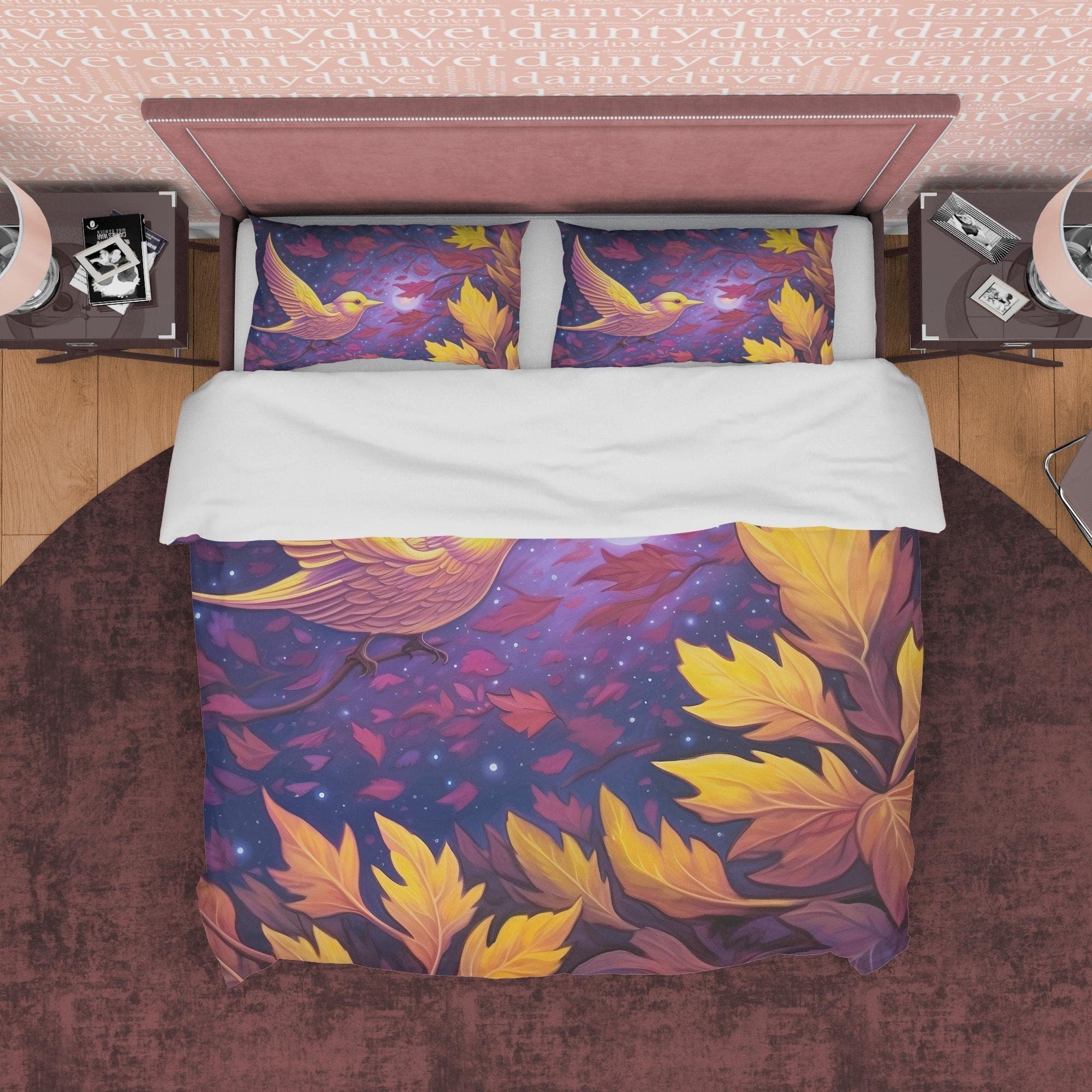 Purple Duvet Cover with Bird in Purple Galaxy Stars, Autumn Bedding Set, Warm Autumn Colors Printed Quilt Cover, Foliage Bedspread