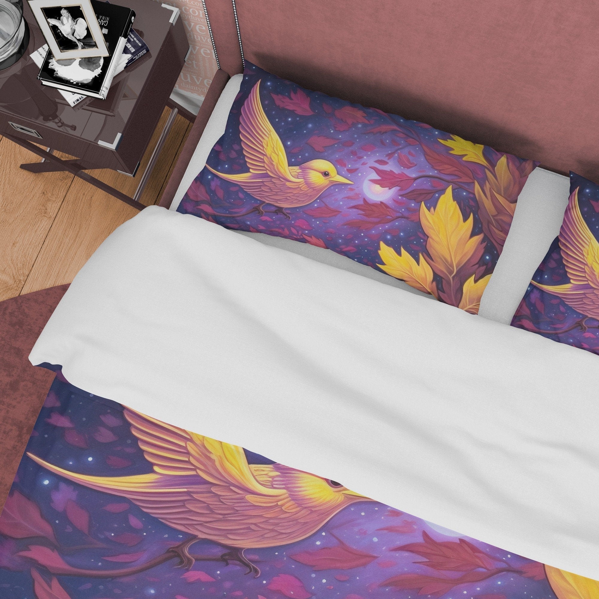 Purple Duvet Cover with Bird in Purple Galaxy Stars, Autumn Bedding Set, Warm Autumn Colors Printed Quilt Cover, Foliage Bedspread
