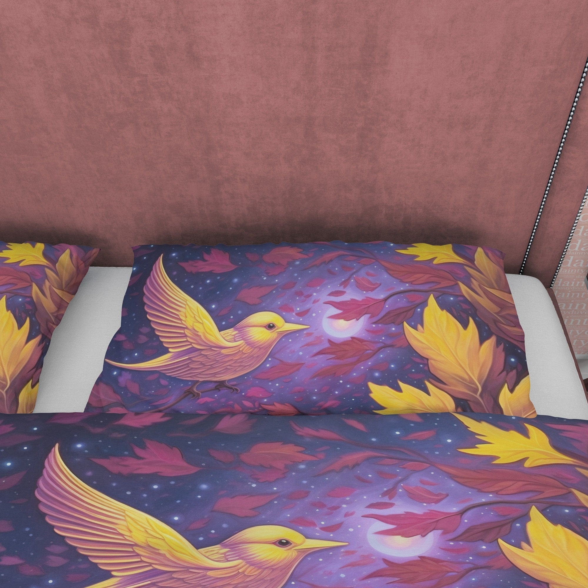 Purple Duvet Cover with Bird in Purple Galaxy Stars, Autumn Bedding Set, Warm Autumn Colors Printed Quilt Cover, Foliage Bedspread
