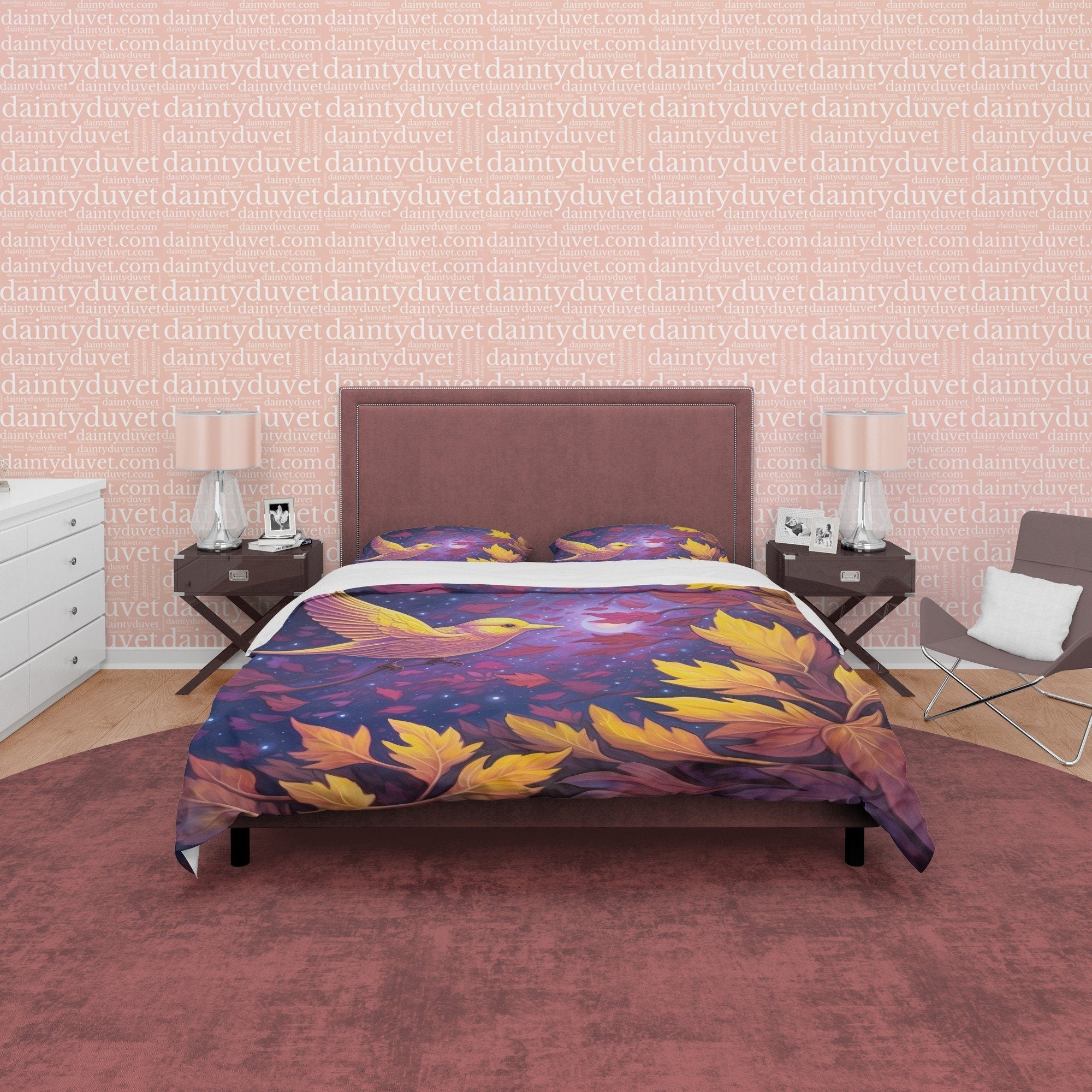 Purple Duvet Cover with Bird in Purple Galaxy Stars, Autumn Bedding Set, Warm Autumn Colors Printed Quilt Cover, Foliage Bedspread