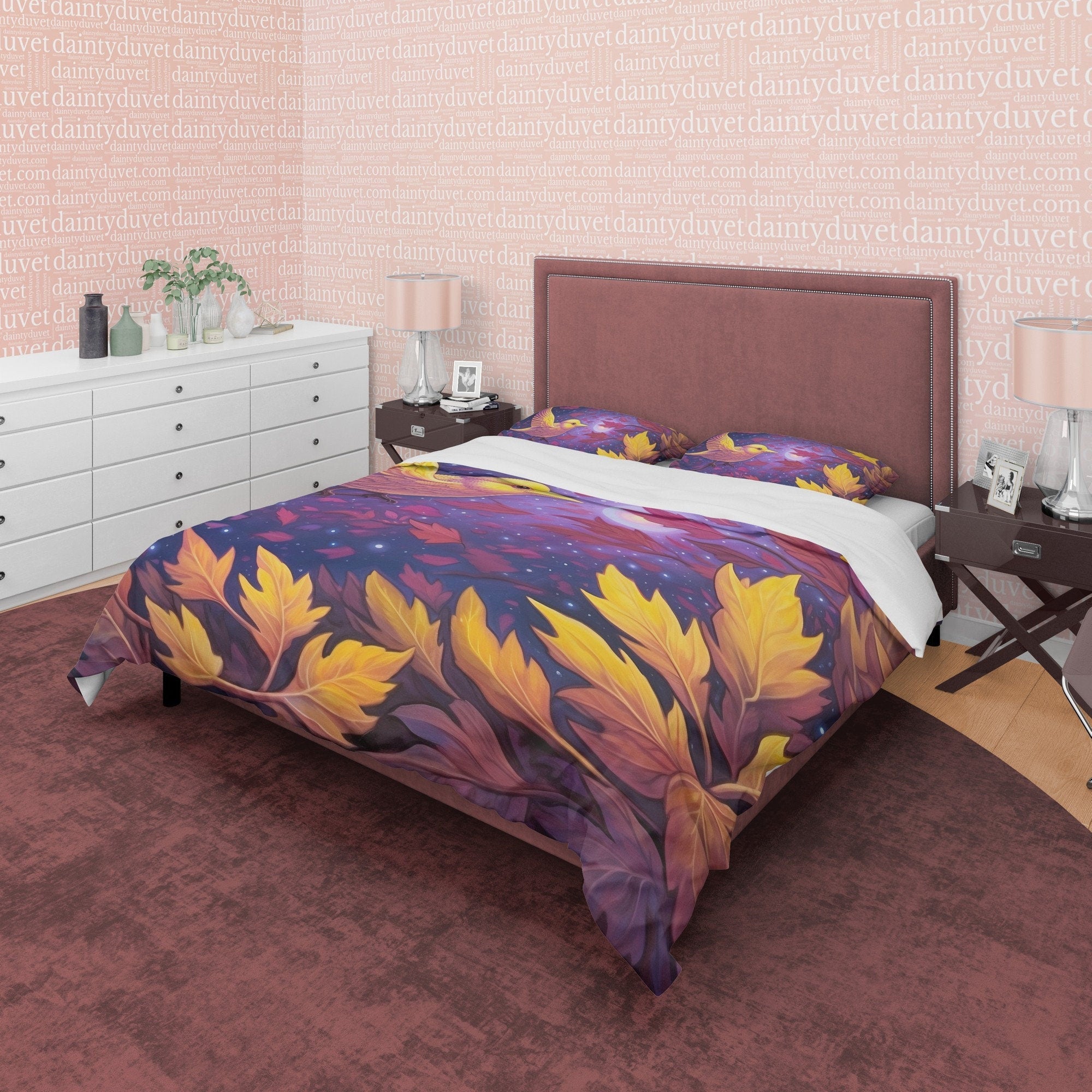 Purple Duvet Cover with Bird in Purple Galaxy Stars, Autumn Bedding Set, Warm Autumn Colors Printed Quilt Cover, Foliage Bedspread