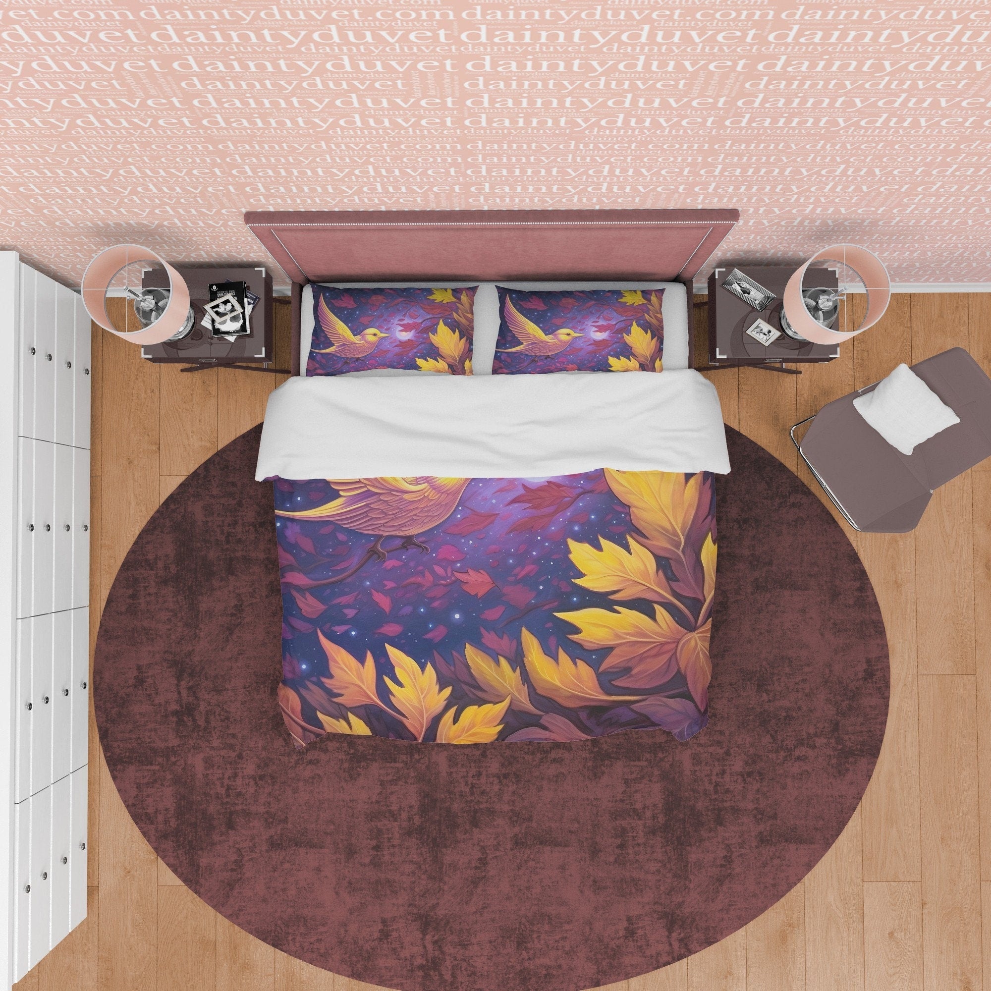 Purple Duvet Cover with Bird in Purple Galaxy Stars, Autumn Bedding Set, Warm Autumn Colors Printed Quilt Cover, Foliage Bedspread