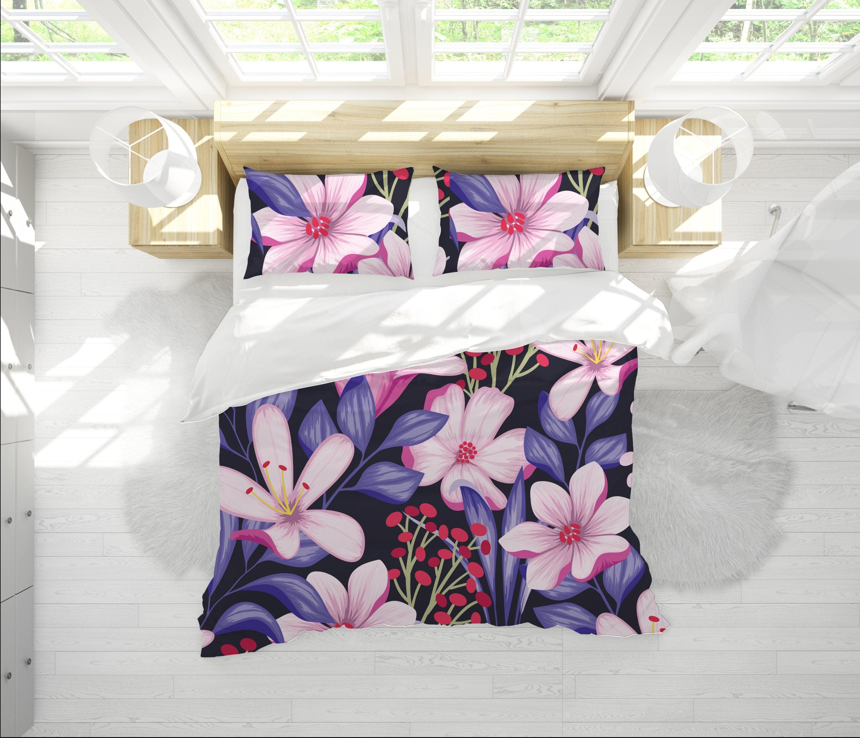 daintyduvet Purple Duvet Cover with Floral Prints | Bedding Set & Pillow Case with Pink Flowers Design For King, Queen, Full, Twin and Single Bed Sizes