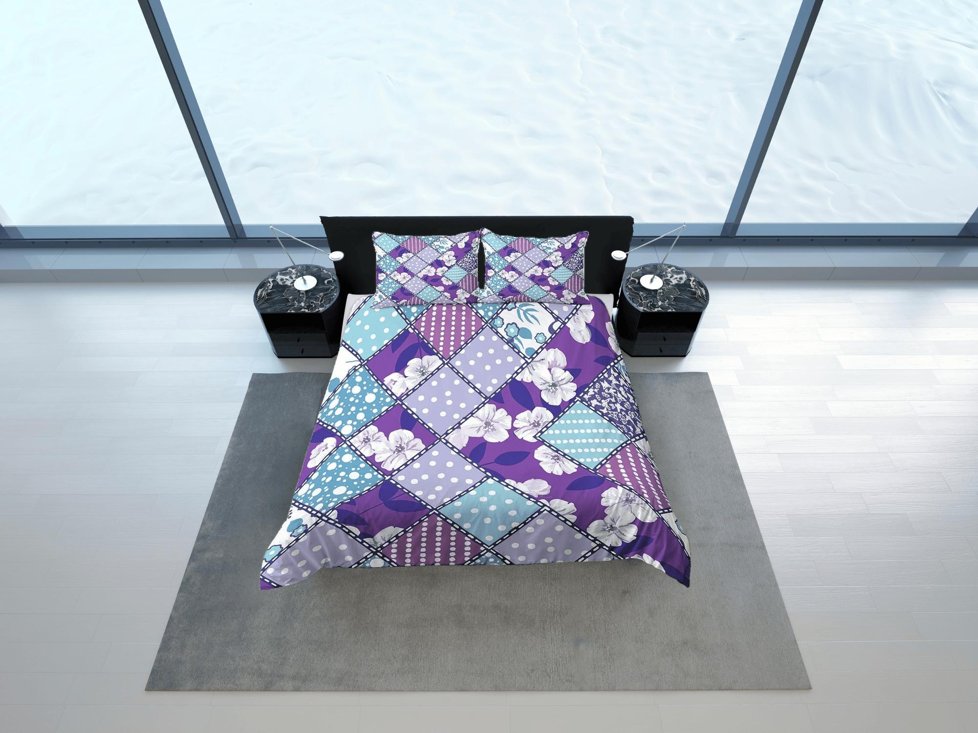 daintyduvet Purple floral patchwork quilt printed duvet cover set, aesthetic room decor bedding set full, king, queen size, boho bedspread shabby chic