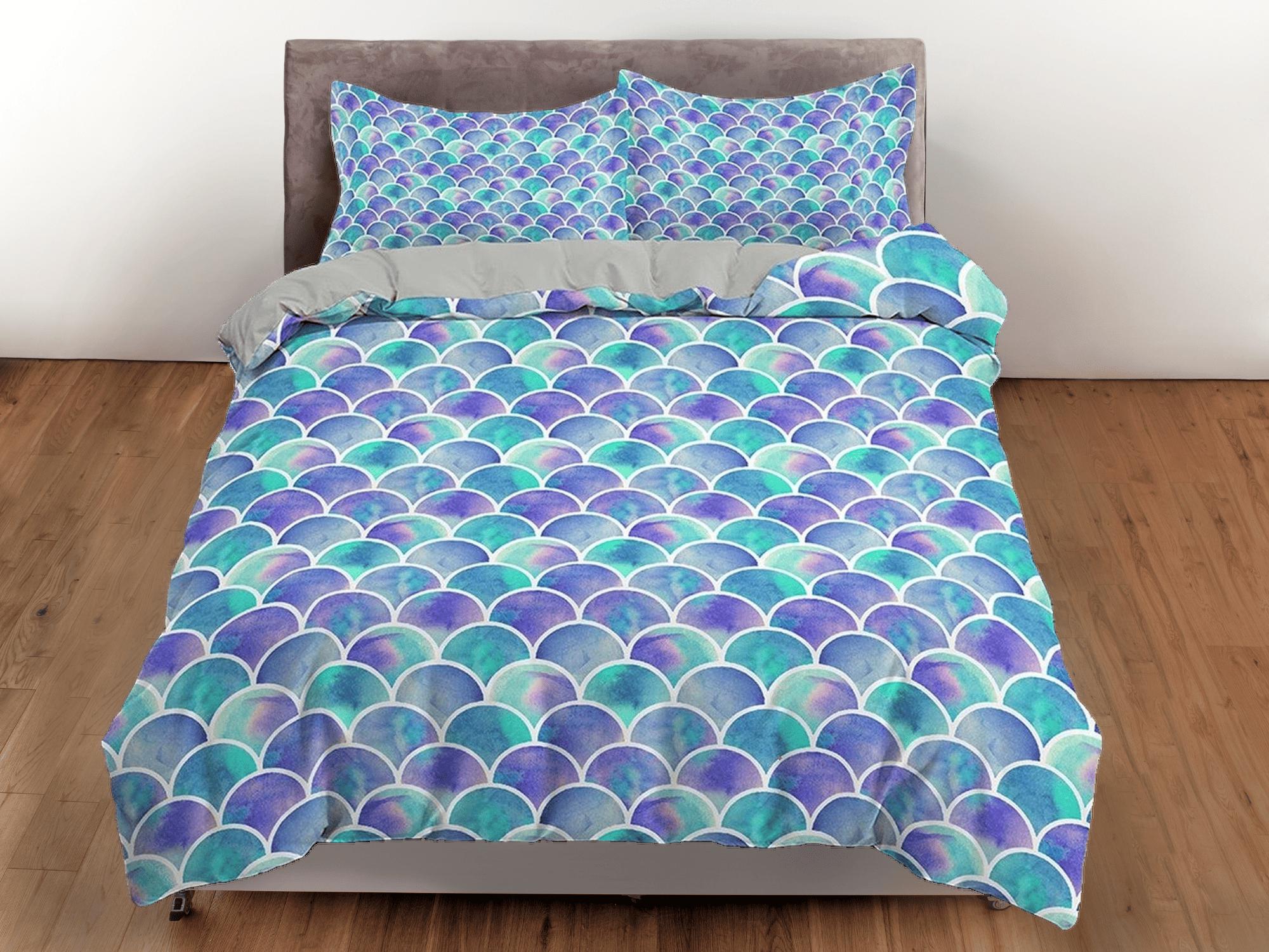 daintyduvet Purple green fish scales colorful toddler bedding, unique duvet cover kids, crib bedding, baby zipper bedding, king queen full twin