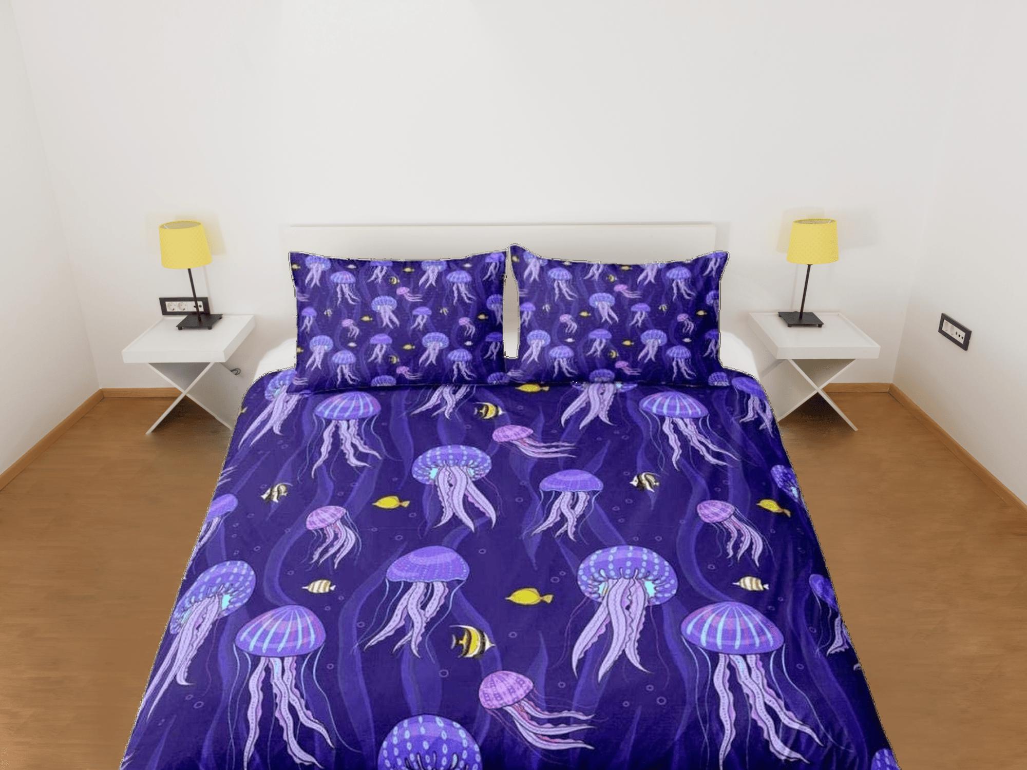 daintyduvet Purple jellyfish & yellow fish bedding duvet cover, ocean blush sea animal bedding set full king queen twin crib toddler, dorm bedding gift