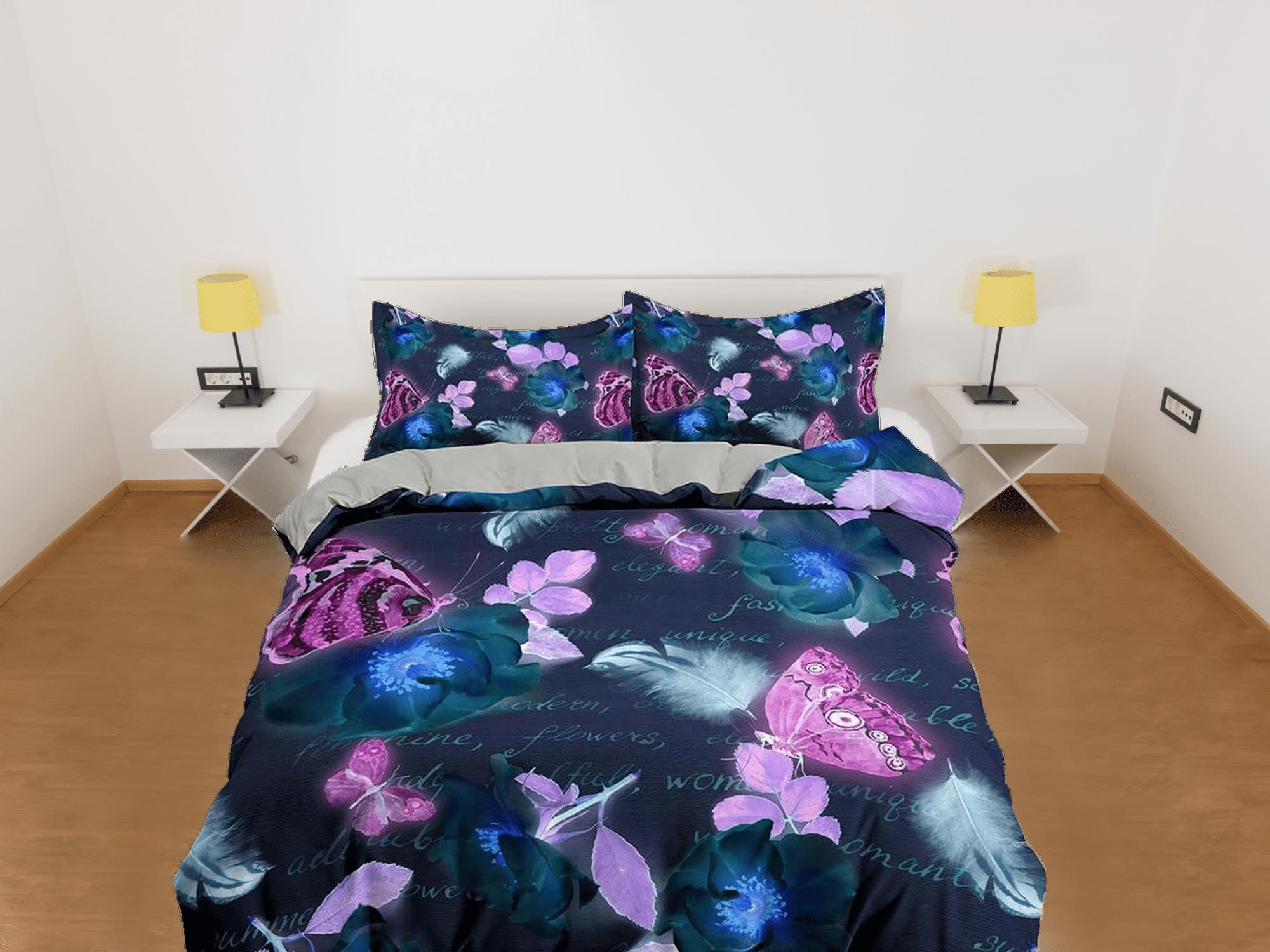 daintyduvet Purple pink butterfly bedding boho chic dark blue duvet cover, dorm bedding full size adult duvet king queen twin, nursery toddler bedding