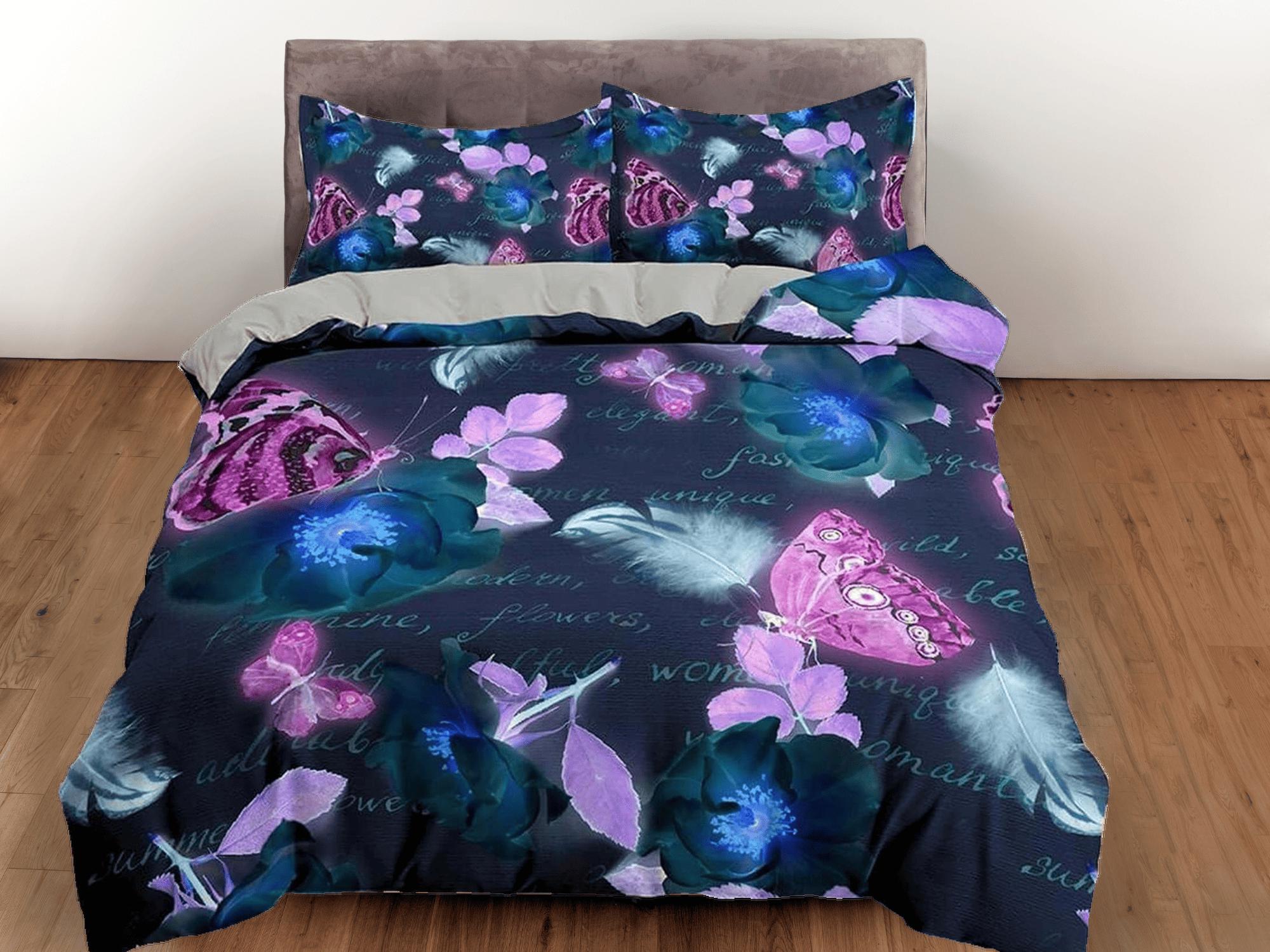 daintyduvet Purple pink butterfly bedding boho chic dark blue duvet cover, dorm bedding full size adult duvet king queen twin, nursery toddler bedding
