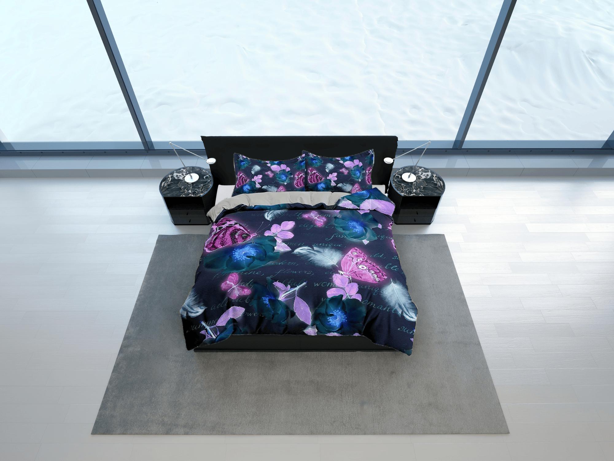 daintyduvet Purple pink butterfly bedding boho chic dark blue duvet cover, dorm bedding full size adult duvet king queen twin, nursery toddler bedding