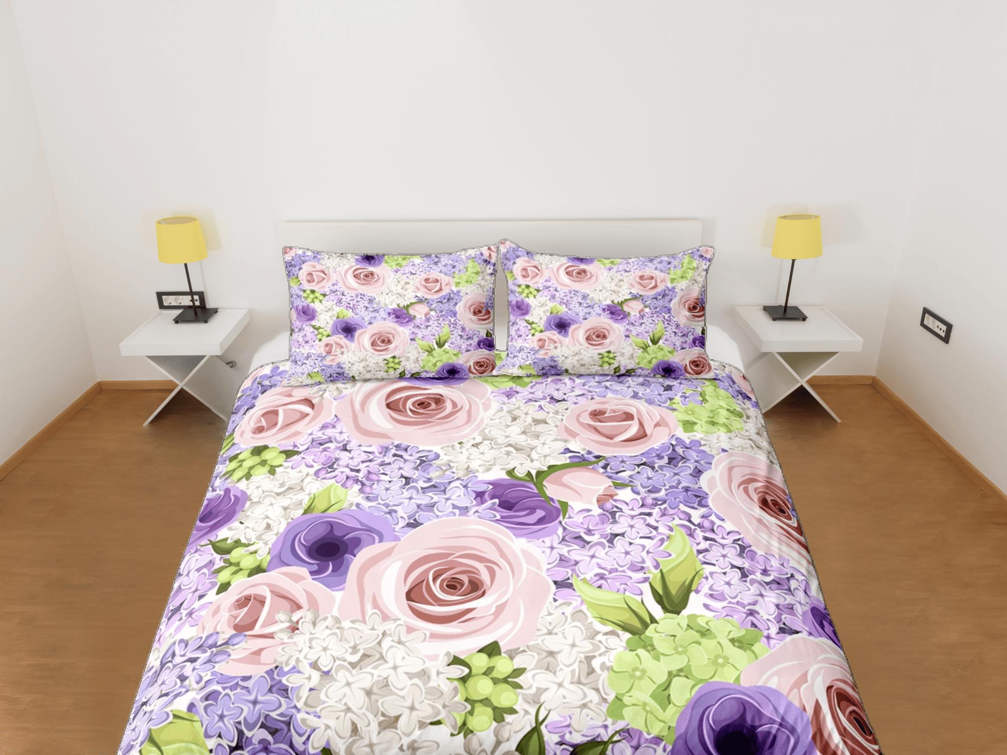 daintyduvet Purple & Pink Roses Duvet Cover Set Colorful Bedspread, Floral Dorm Bedding Pillowcase, King Duvet Full Queen Duvet Comforter Cover Twin