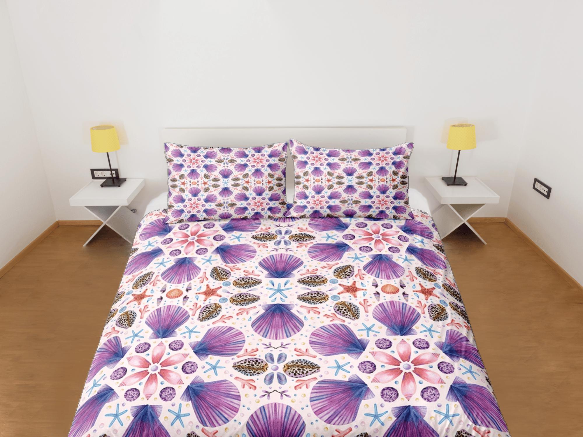 daintyduvet Purple sea shells coastal grandma duvet cover ocean blush bedding set full queen king, aesthetic room decor, beach lover gift boho bedding