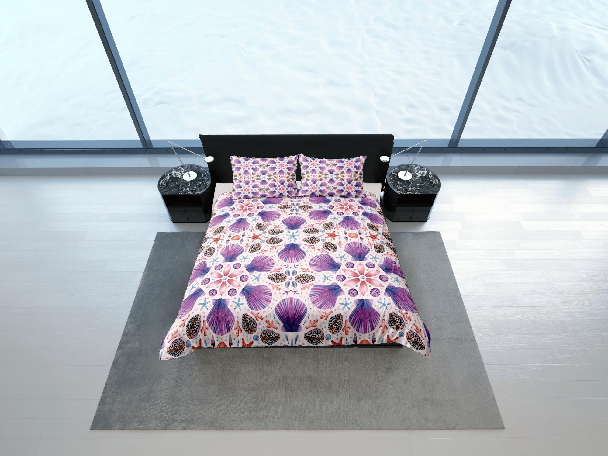 daintyduvet Purple sea shells coastal grandma duvet cover ocean blush bedding set full queen king, aesthetic room decor, beach lover gift boho bedding