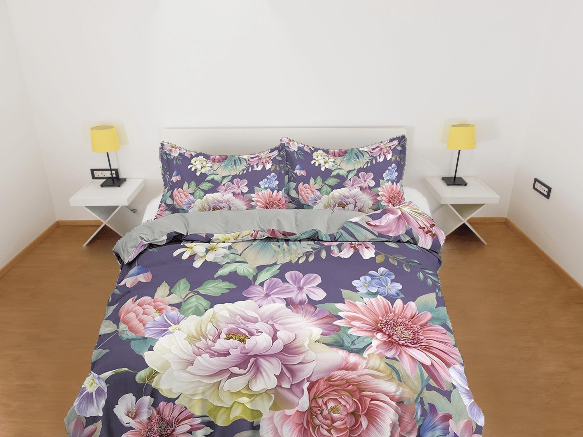 daintyduvet Purple shabby chic bedding floral duvet cover, pink roses, teen girl bedroom, baby girl crib bedding boho maximalist bedspread aesthetic