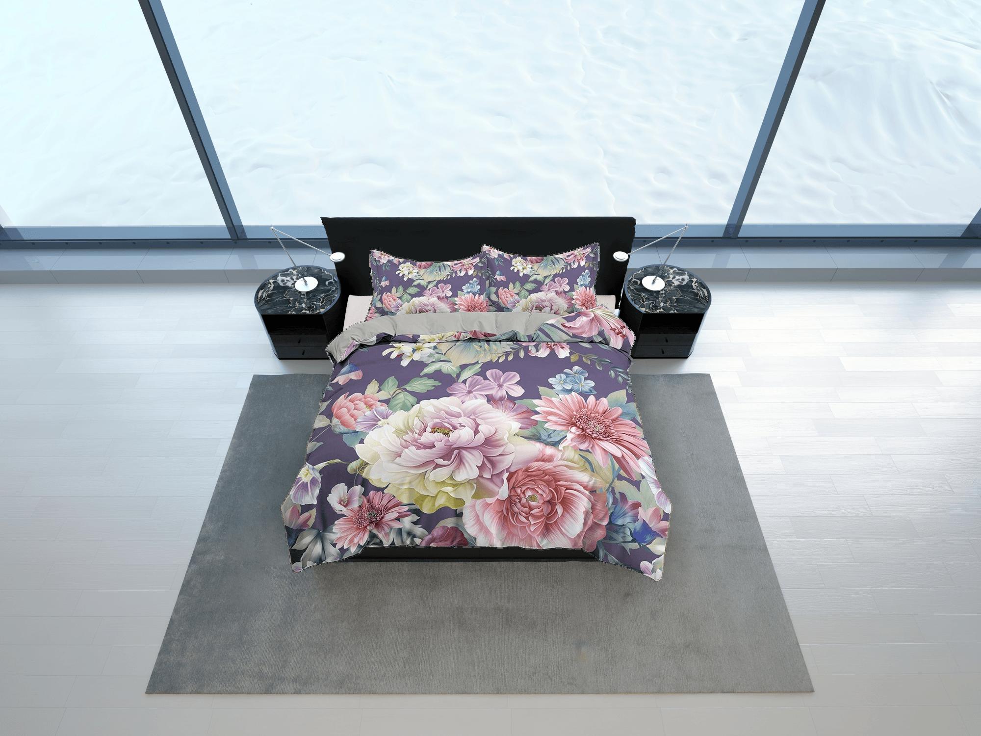 daintyduvet Purple shabby chic bedding floral duvet cover, pink roses, teen girl bedroom, baby girl crib bedding boho maximalist bedspread aesthetic