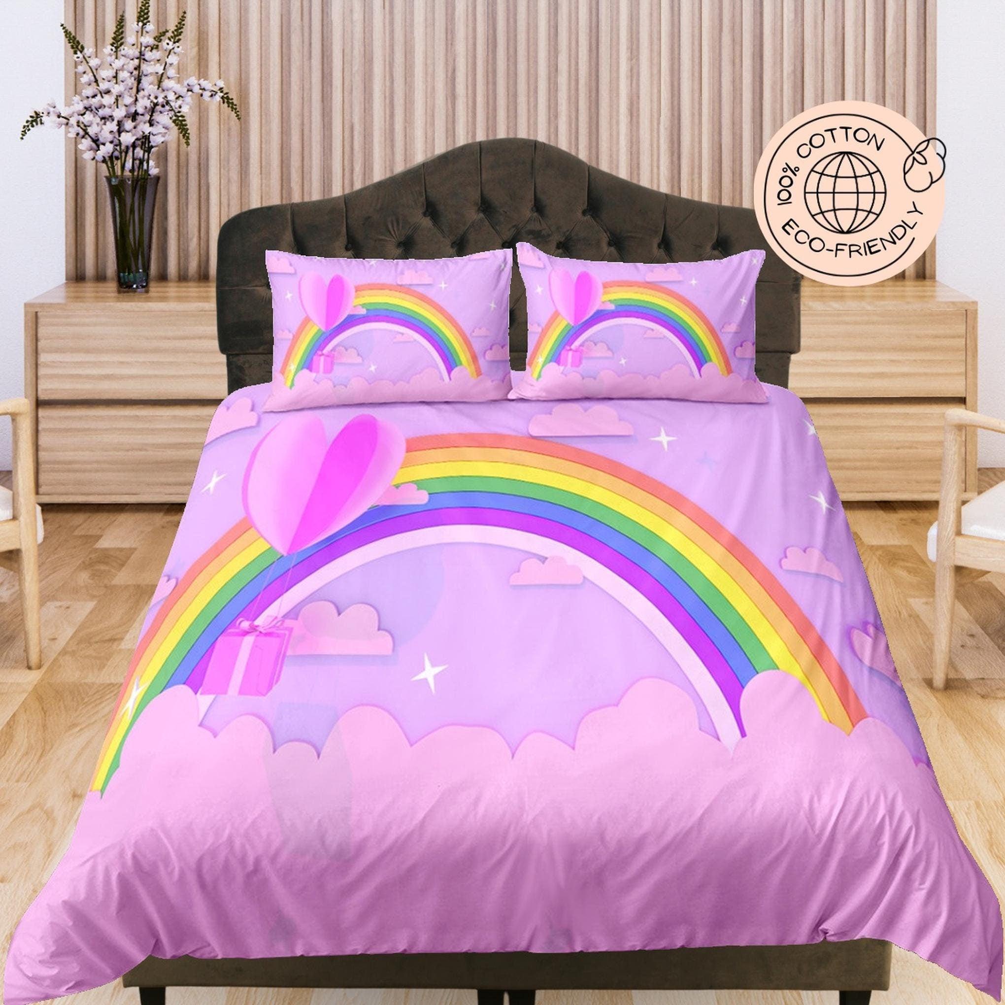 daintyduvet Rainbow Cotton Duvet Cover Set for Kids, Pink Toddler Bedding, Baby Girl Zipper Bedding, Nursery Cotton Bedding, Colorful Crib Blanket