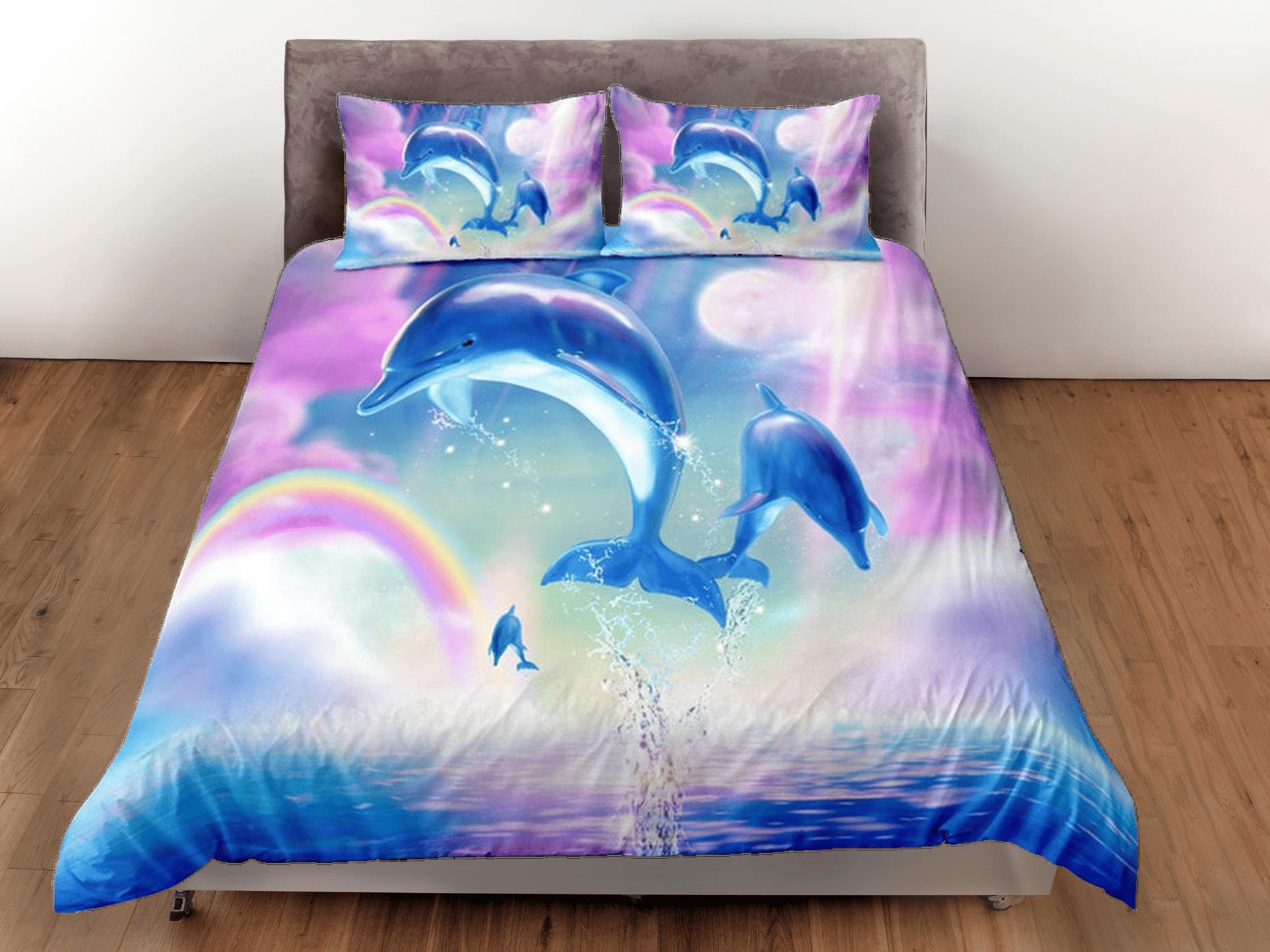 daintyduvet Rainbow & jumping dolphin bedding pink blue duvet cover, ocean blush decor bottle nose dolphin bedding set full king queen, dorm bedding
