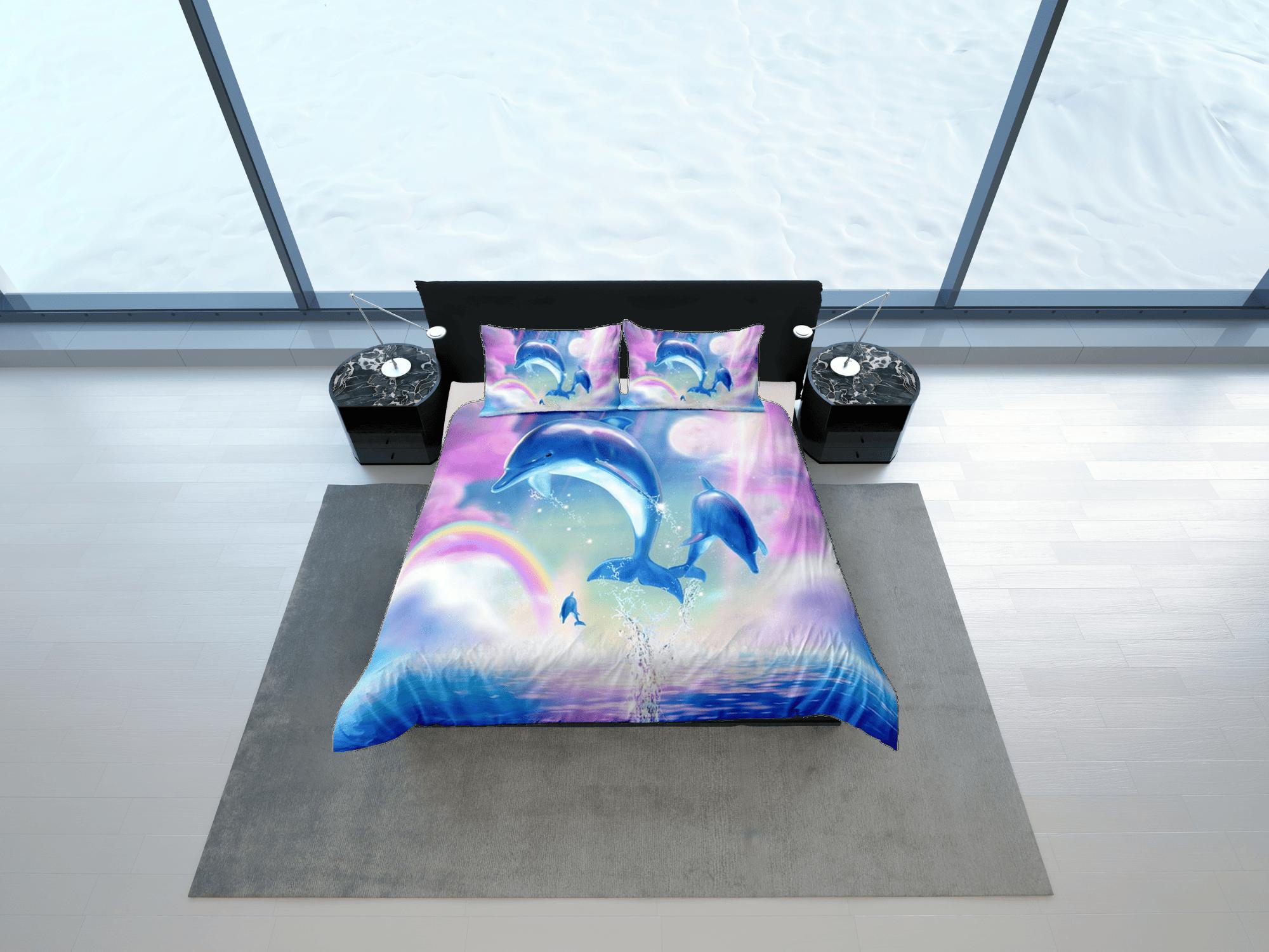 daintyduvet Rainbow & jumping dolphin bedding pink blue duvet cover, ocean blush decor bottle nose dolphin bedding set full king queen, dorm bedding