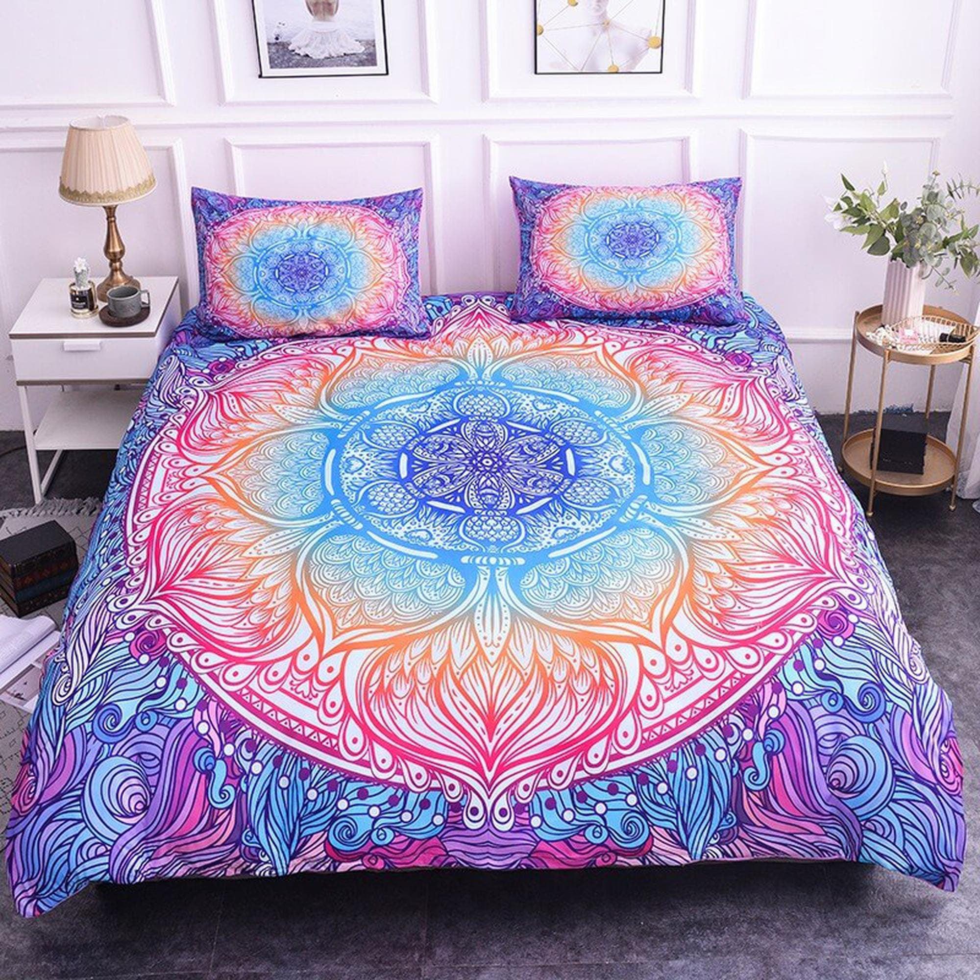 daintyduvet Rainbow mandala whimsical duvet cover boho bedding set full, queen, king, dorm bedding, aesthetic room indian bedspread maximalist decor