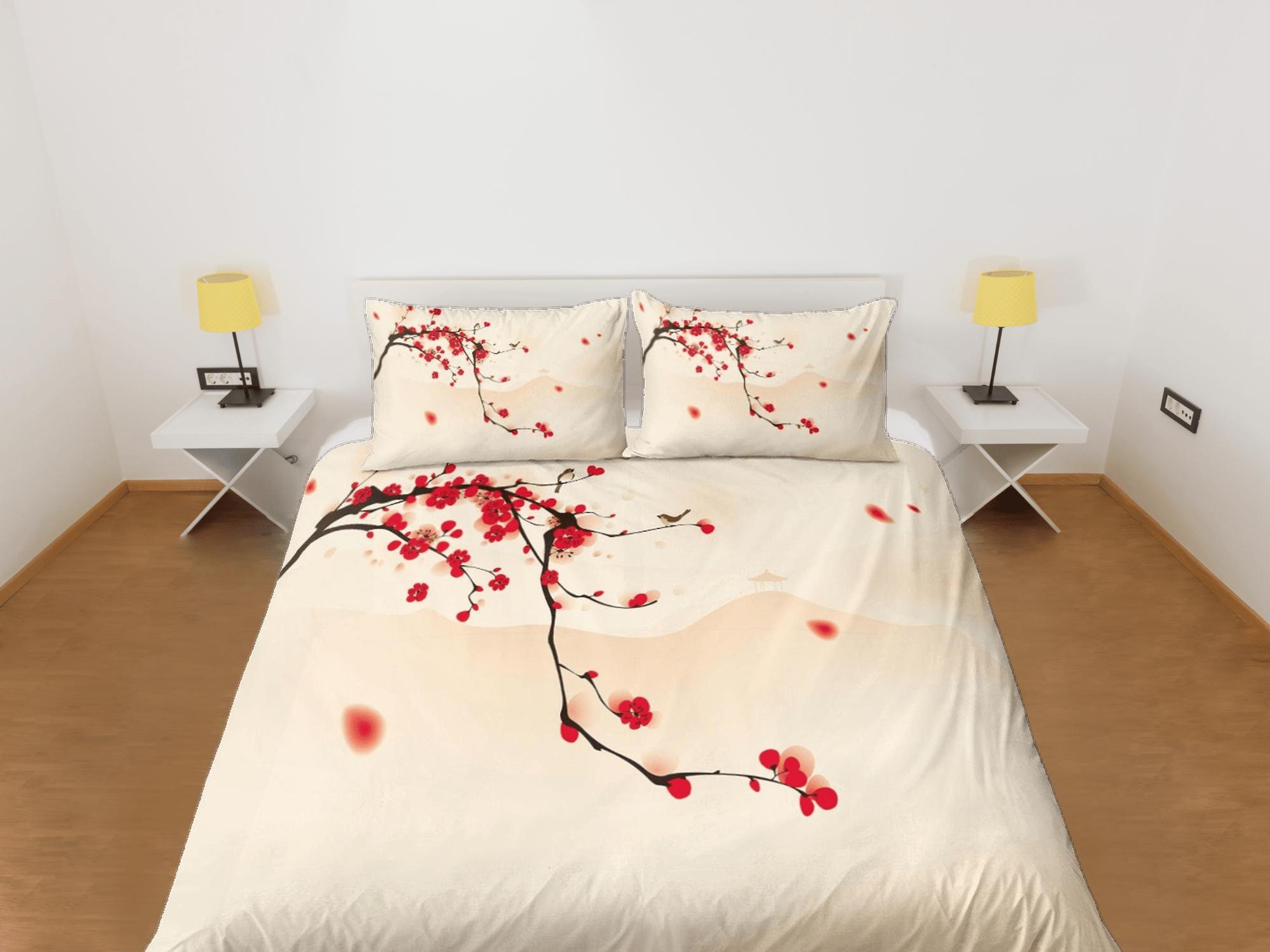 daintyduvet Red cherry blossom beige bedding floral prints duvet cover queen, king, boho bedding designer bedspread full size bedding aesthetic