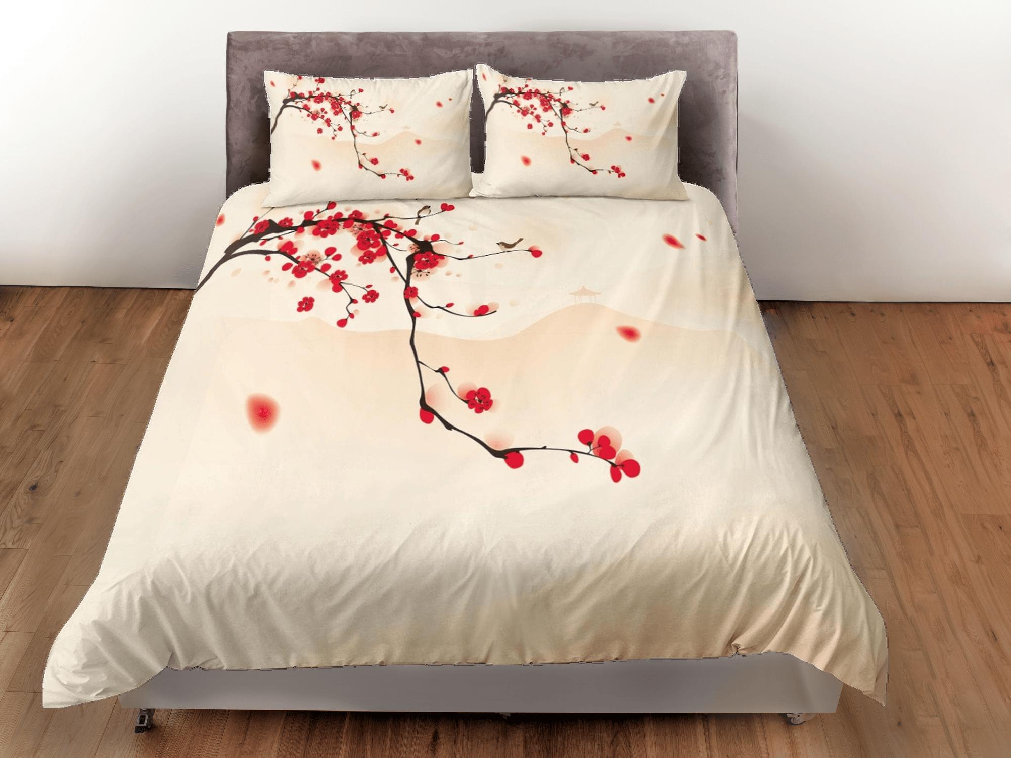 daintyduvet Red cherry blossom beige bedding floral prints duvet cover queen, king, boho bedding designer bedspread full size bedding aesthetic
