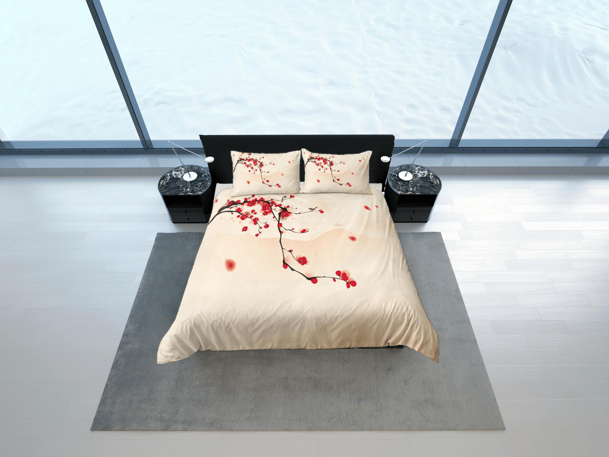 daintyduvet Red cherry blossom beige bedding floral prints duvet cover queen, king, boho bedding designer bedspread full size bedding aesthetic