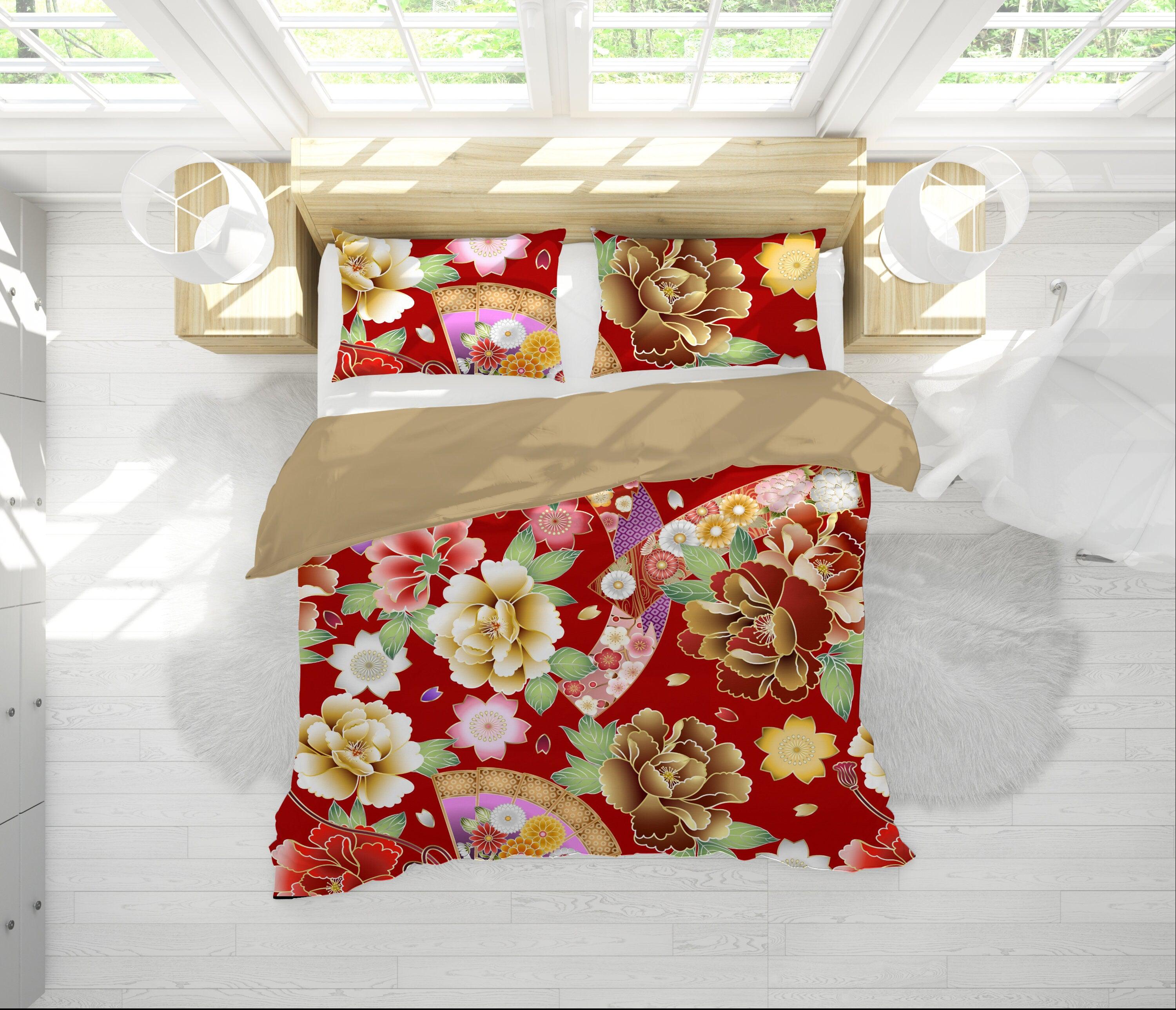 daintyduvet Red Duvet Cover Full Set | Comforter Cover Set with Japanese Kimono Floral Prints