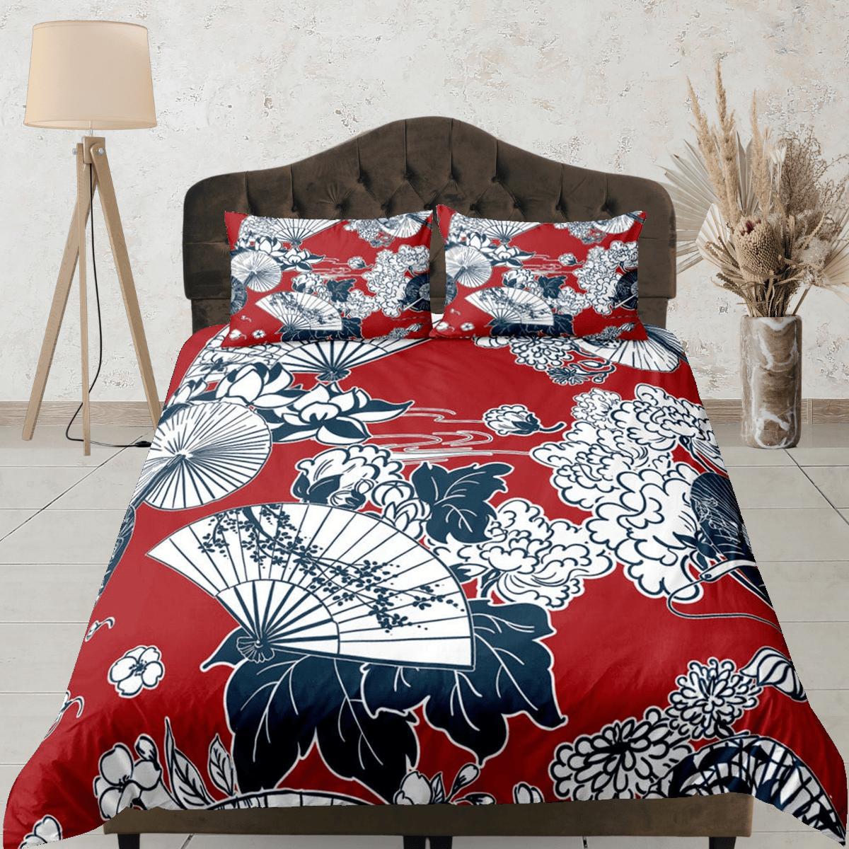 daintyduvet Red Duvet Cover Set Oriental Fan Asian Style Bedspread, Dorm Bedding & Pillowcase