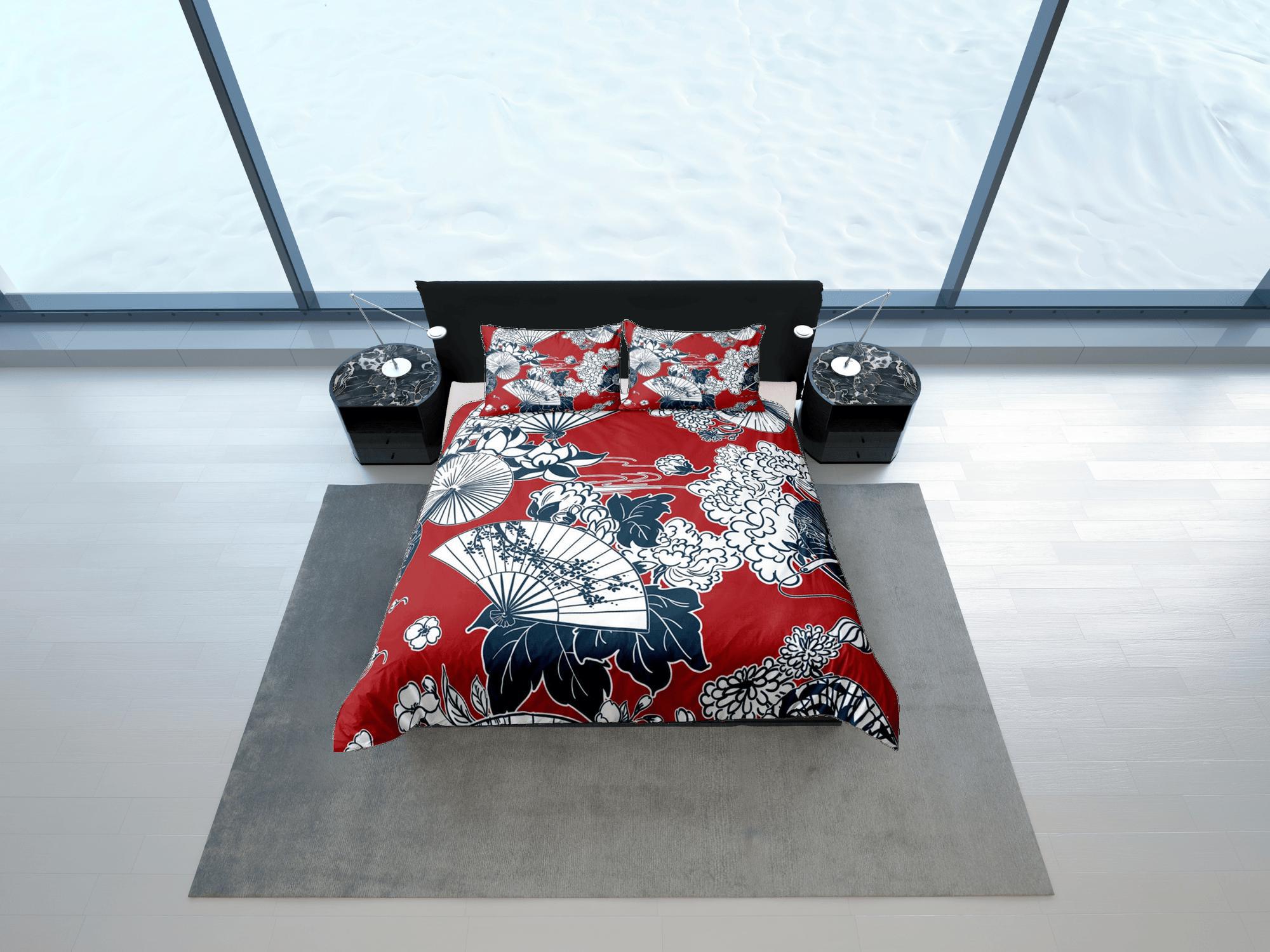 daintyduvet Red Duvet Cover Set Oriental Fan Asian Style Bedspread, Dorm Bedding & Pillowcase