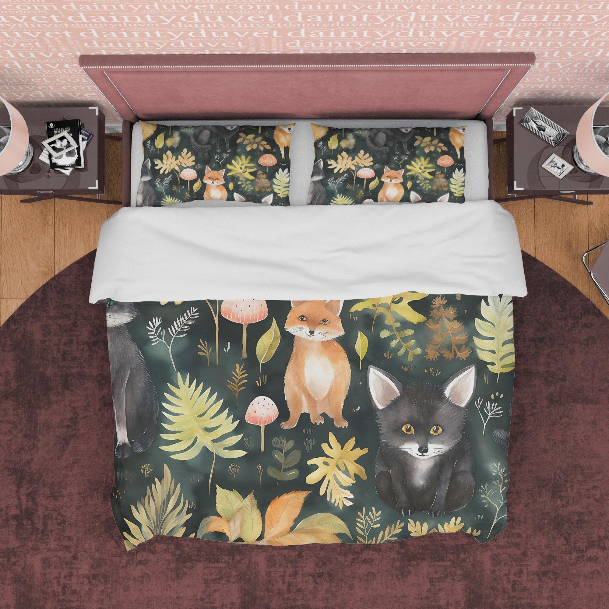 Red Fox Jungle Duvet Cover Set, Black Cat Forest Plant Quilt Cover Aesthetic Zipper Bedding, Halloween Room Decor, Green Leaf Bed Cover