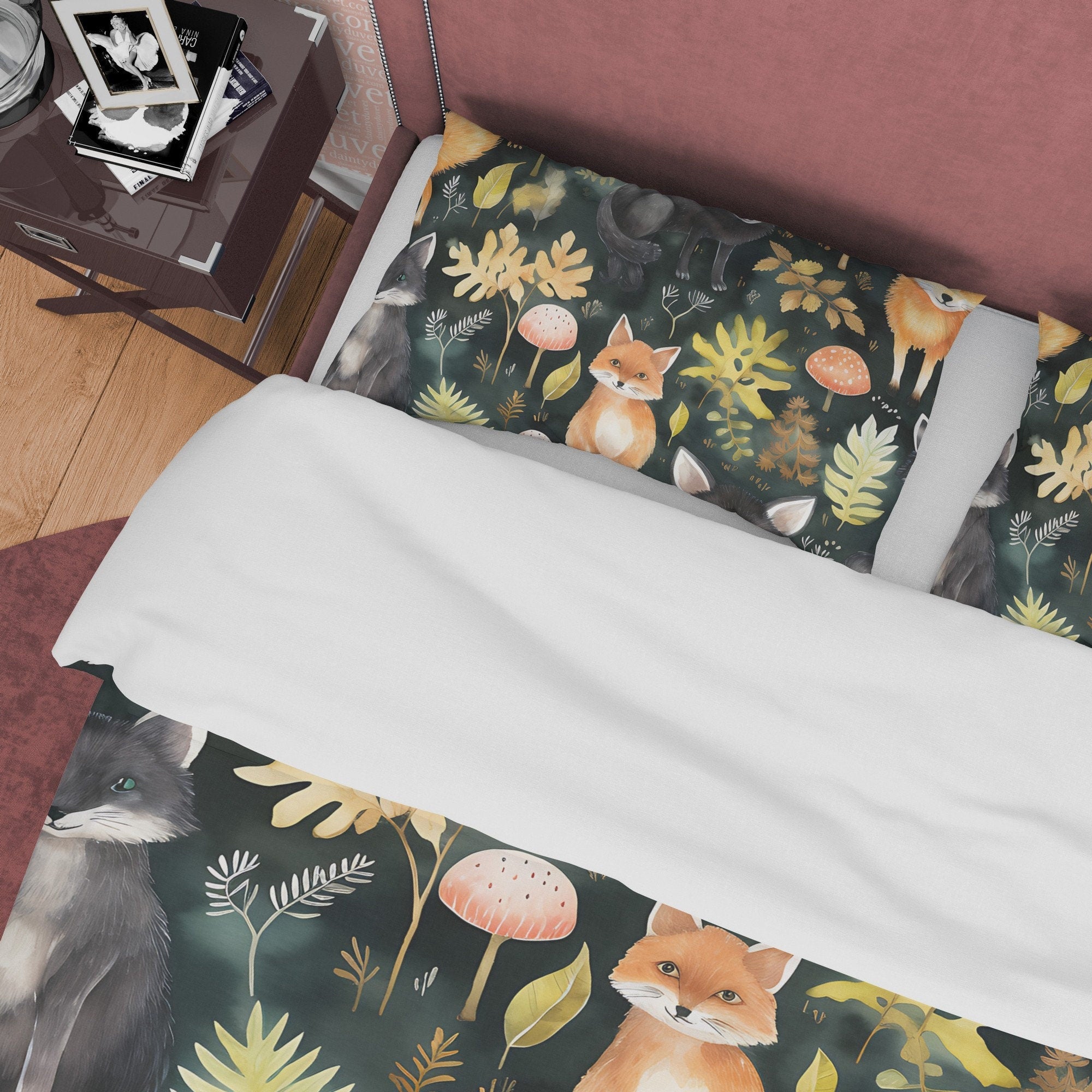 Red Fox Jungle Duvet Cover Set, Black Cat Forest Plant Quilt Cover Aesthetic Zipper Bedding, Halloween Room Decor, Green Leaf Bed Cover