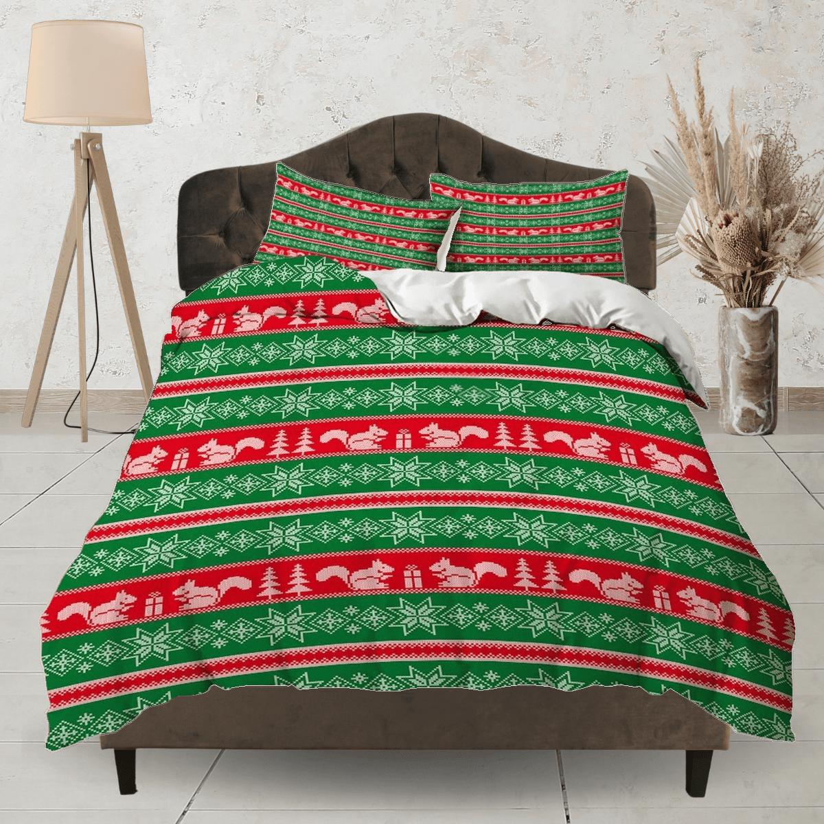 daintyduvet Red Green 1950s Christmas bedding & pillowcase holiday gift duvet cover king queen full twin toddler bedding baby Christmas farmhouse decor