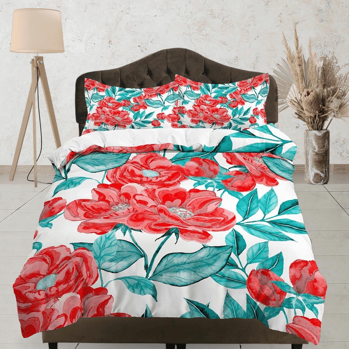 daintyduvet Red green biophilic bedding, floral printed duvet cover queen, king, boho duvet, designer bedding, aesthetic bedding, maximalist decor
