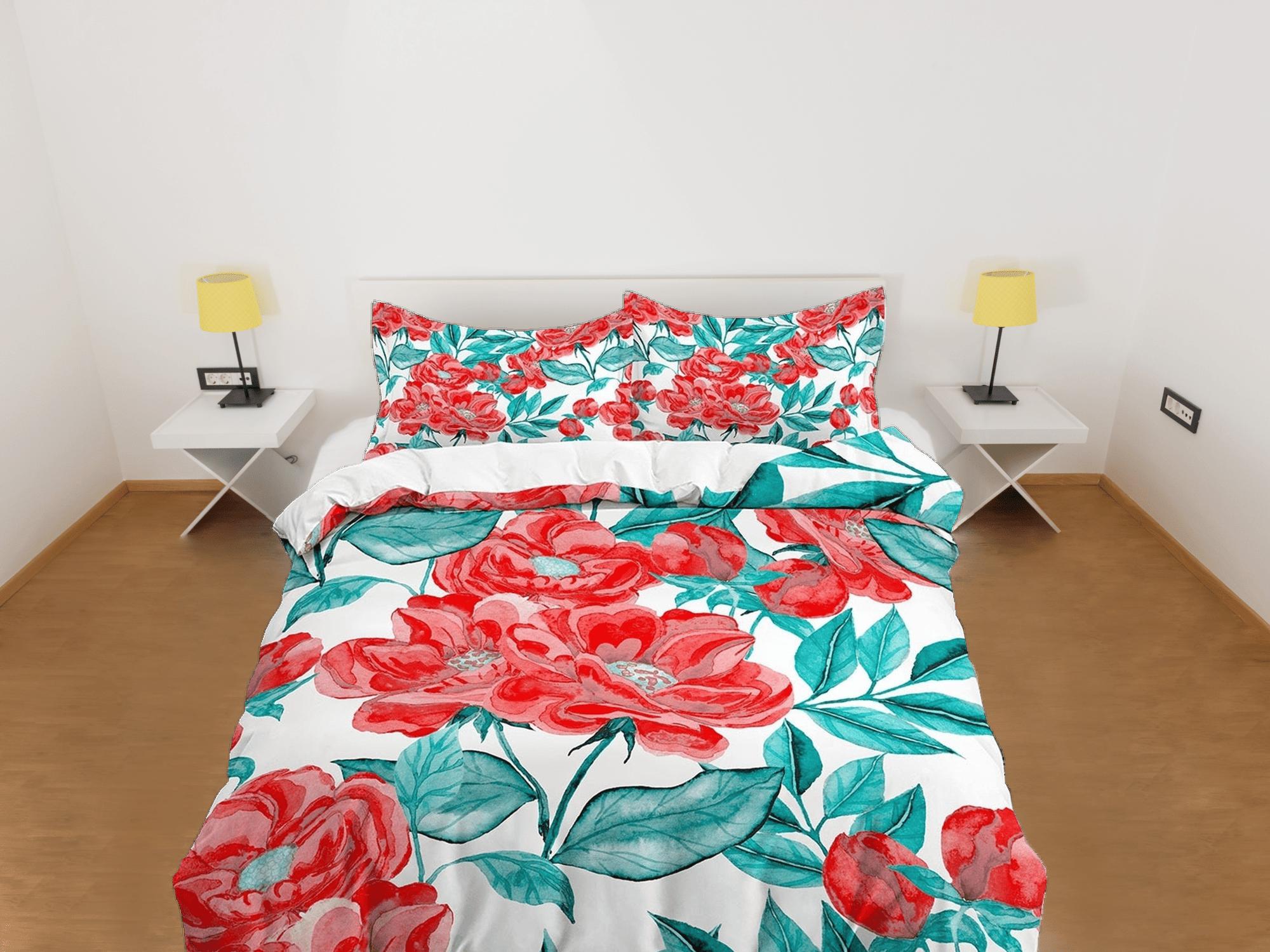 daintyduvet Red green biophilic bedding, floral printed duvet cover queen, king, boho duvet, designer bedding, aesthetic bedding, maximalist decor
