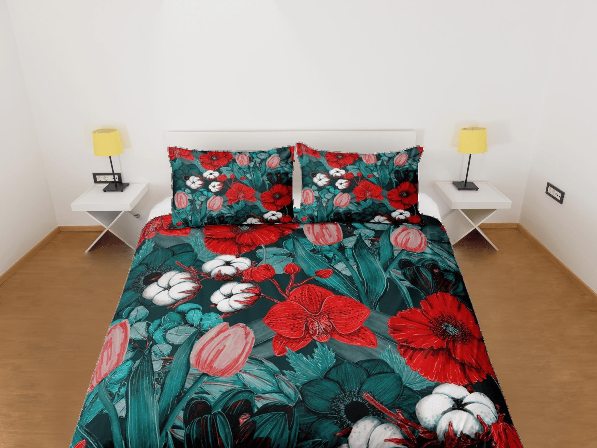daintyduvet Red poppies and tulip floral duvet cover colorful bedding, teen girl bedroom, baby girl crib bedding boho maximalist bedspread aesthetic