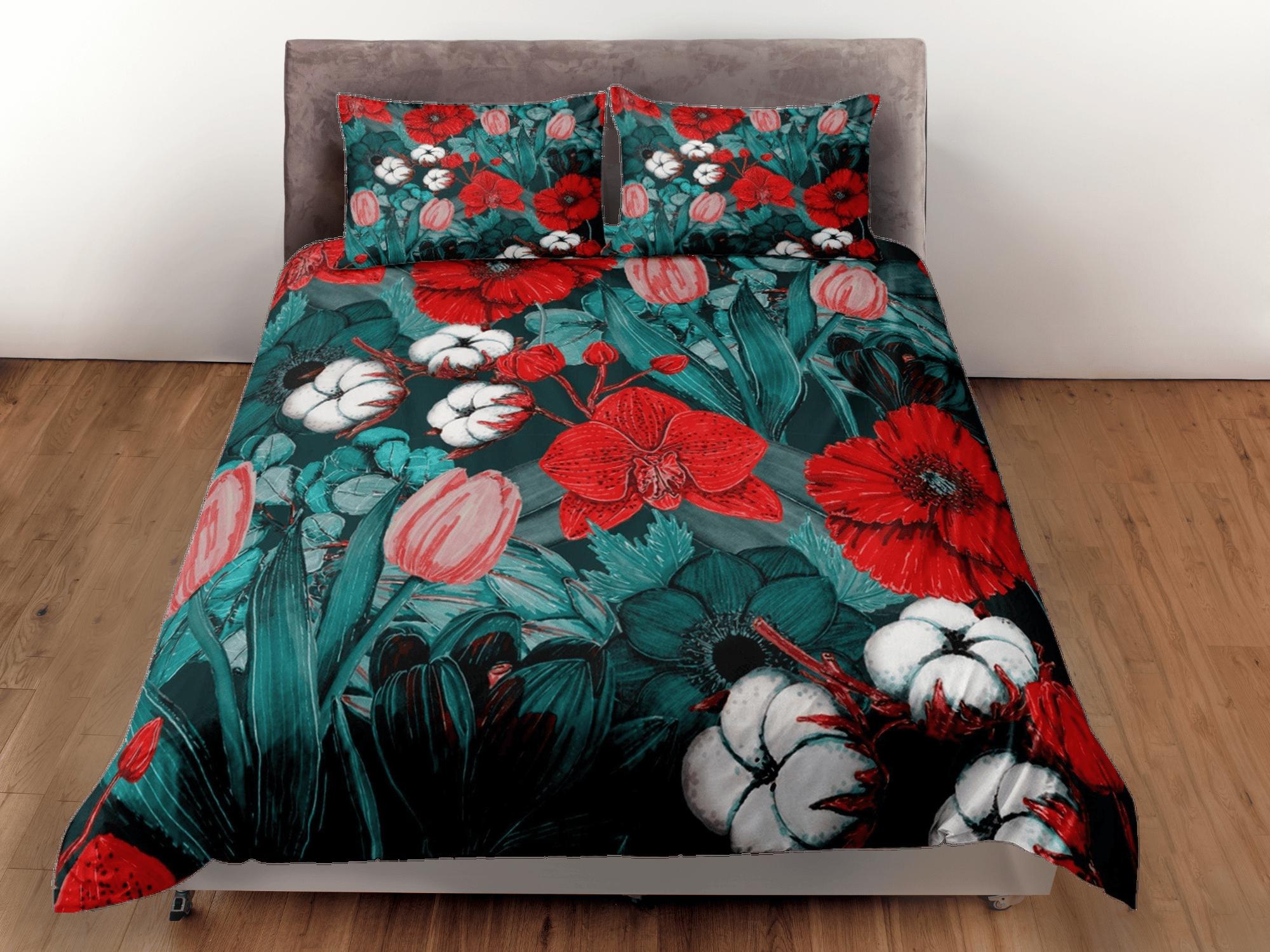 daintyduvet Red poppies and tulip floral duvet cover colorful bedding, teen girl bedroom, baby girl crib bedding boho maximalist bedspread aesthetic