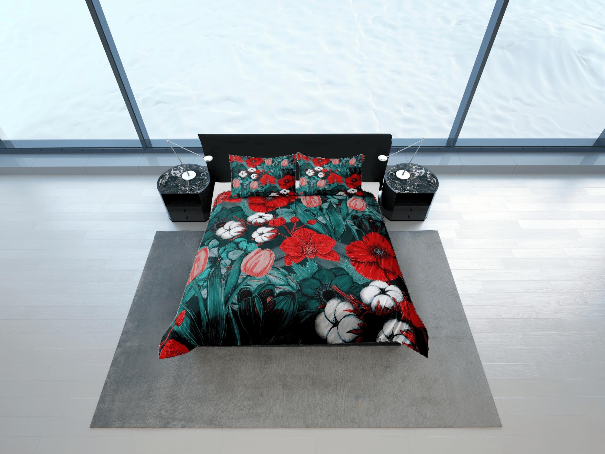 daintyduvet Red poppies and tulip floral duvet cover colorful bedding, teen girl bedroom, baby girl crib bedding boho maximalist bedspread aesthetic