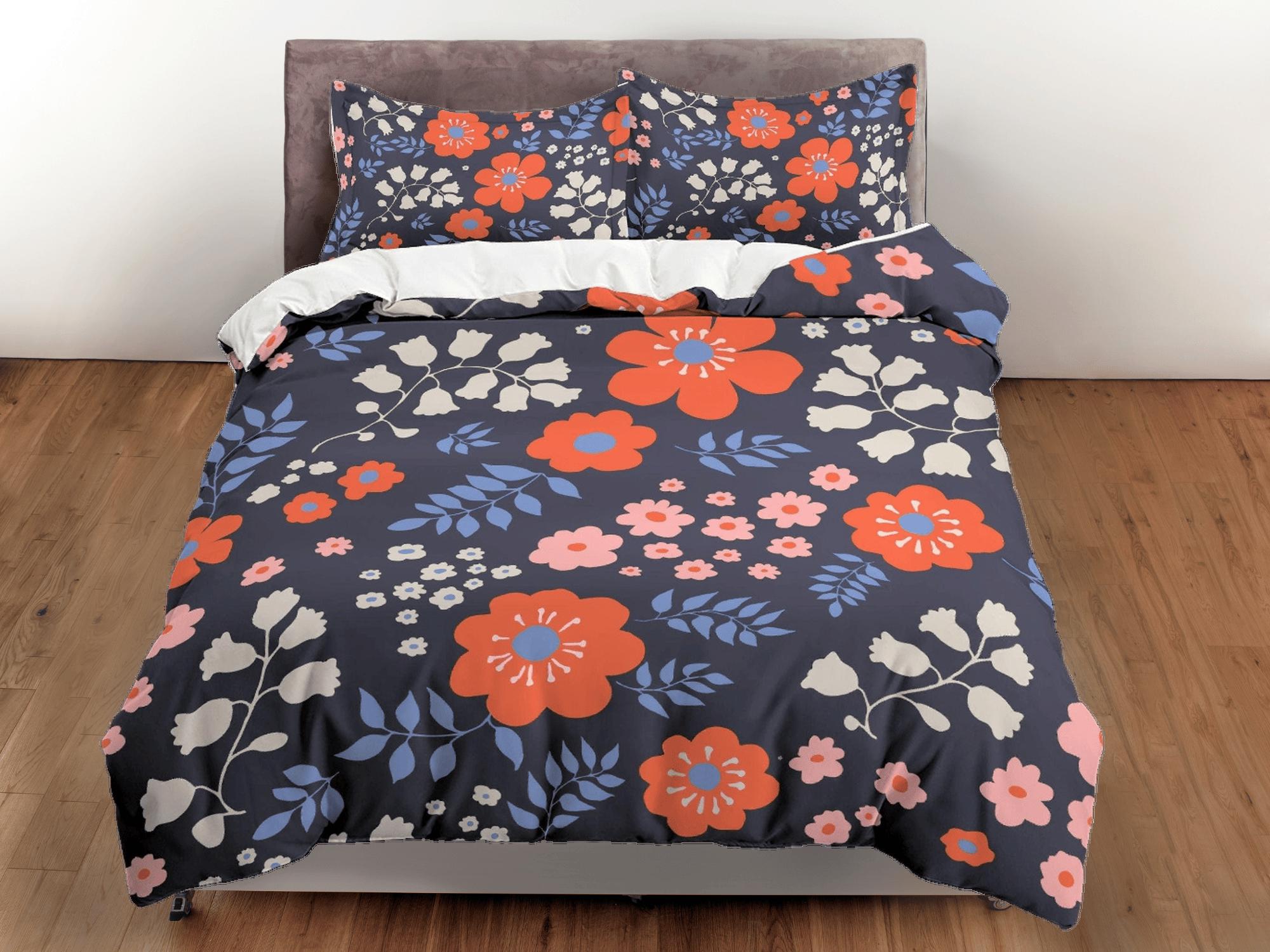 daintyduvet Red poppies floral dark blue duvet cover colorful bedding, teen girl bedroom, baby girl crib bedding boho maximalist aesthetic bedding