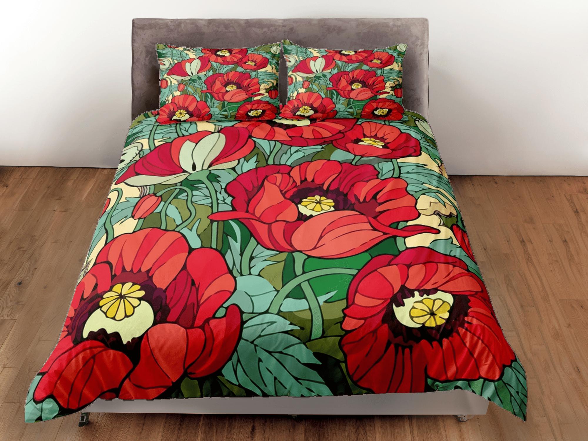 daintyduvet Red poppies green duvet cover floral bedding, teen girl bedroom, baby girl crib bedding boho maximalist bedspread aesthetic bedding