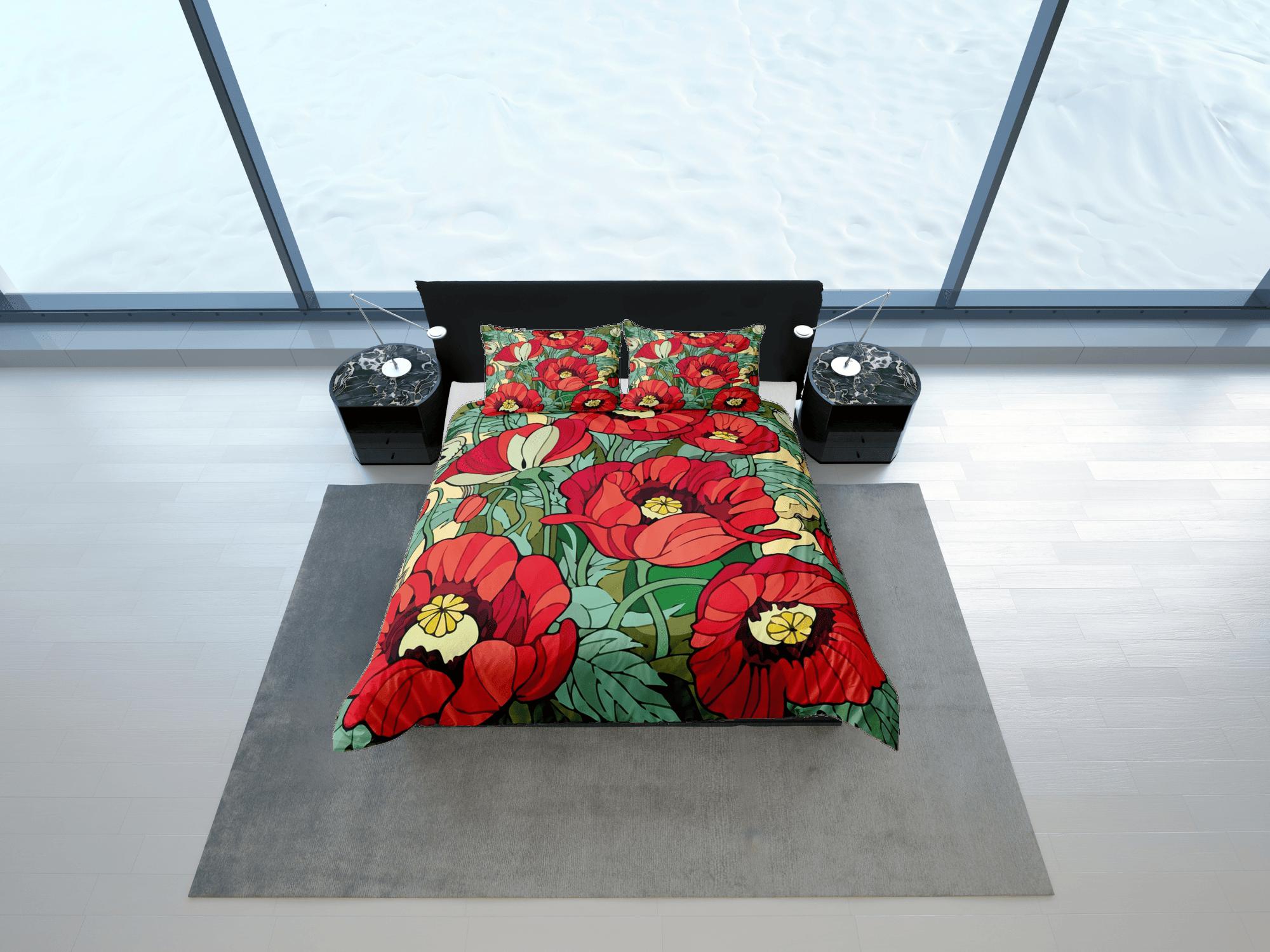 daintyduvet Red poppies green duvet cover floral bedding, teen girl bedroom, baby girl crib bedding boho maximalist bedspread aesthetic bedding