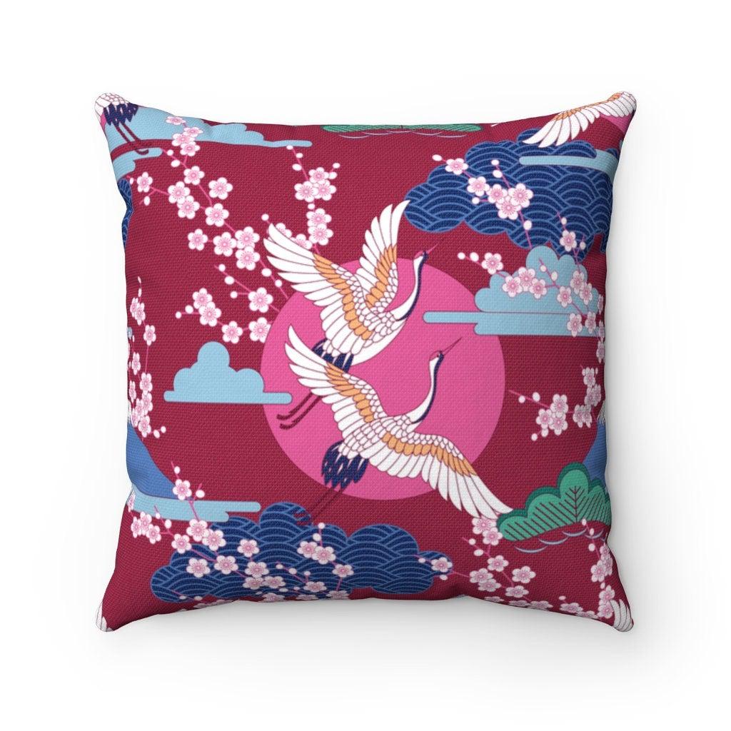 daintyduvet Red Violet Pillowcase with Crane and Cherry Blossoms Prints, Japanese Fabric Chair Cushion Cover, Japanese Decor Square Pillow Cover