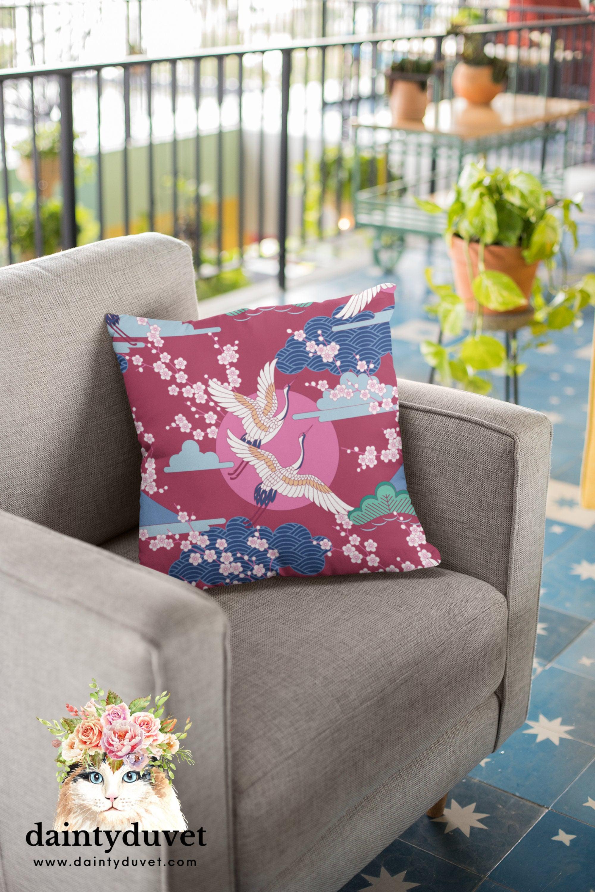 daintyduvet Red Violet Pillowcase with Crane and Cherry Blossoms Prints, Japanese Fabric Chair Cushion Cover, Japanese Decor Square Pillow Cover